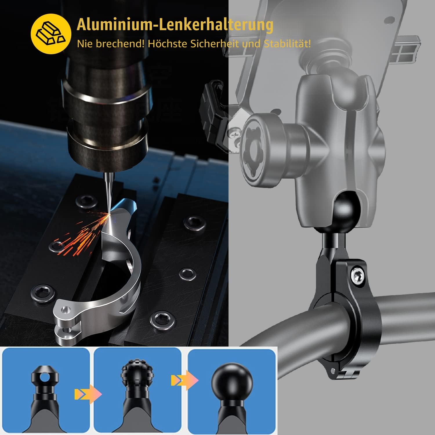 iMESTOU Anti-Diebstahl Motorrad Telefon Halterung Handlebar Ball Handy-Halter mit Aluminium 1" Ball Base 360 Rotation Universal für 4,0-7,0 Zoll Smartphones