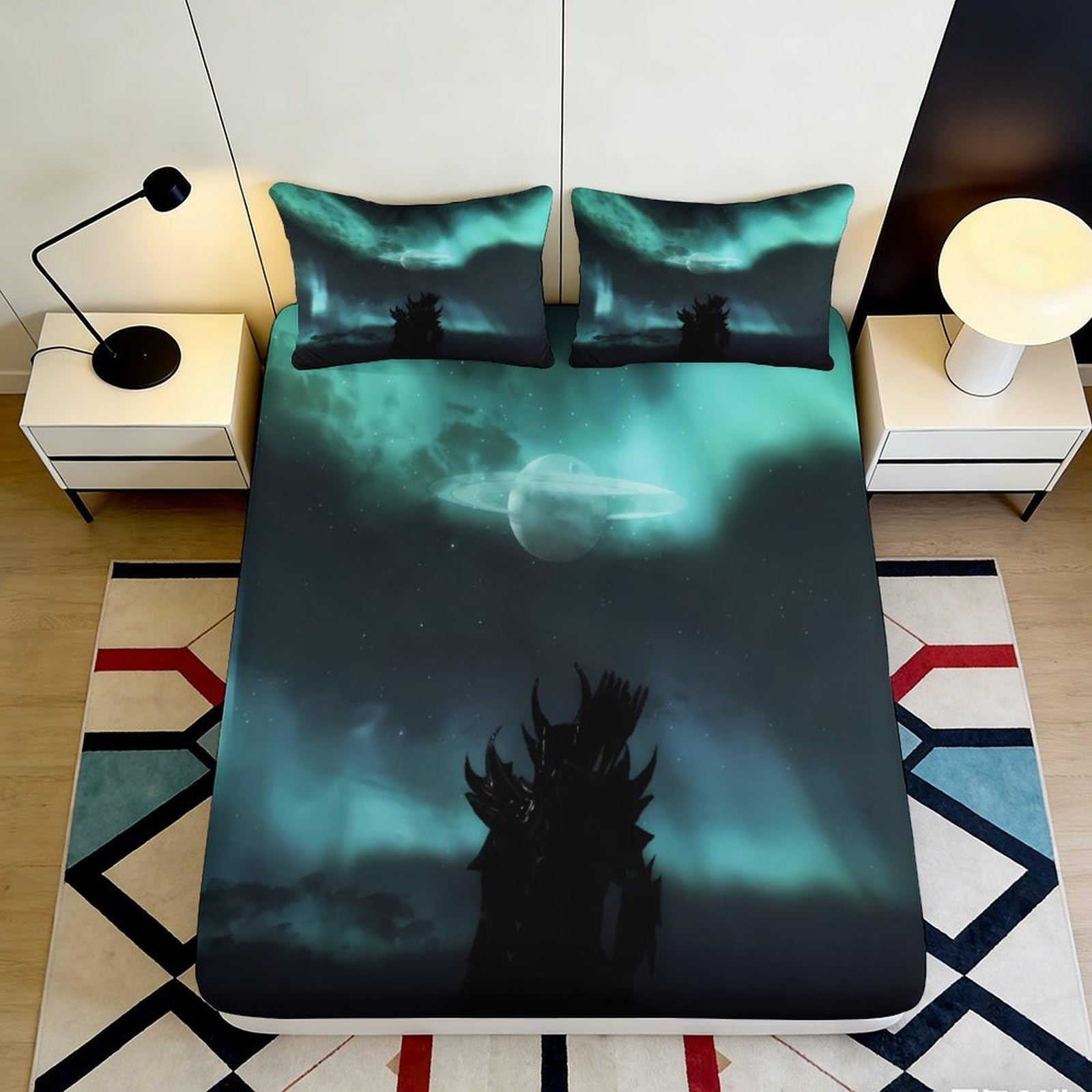 3D Printed Aurora Landscape Fitted Sheet Microfiber Deep Pocket Non-Slip Nordic Style Mattress Fitted Cover Bedroom 200x200x25cm