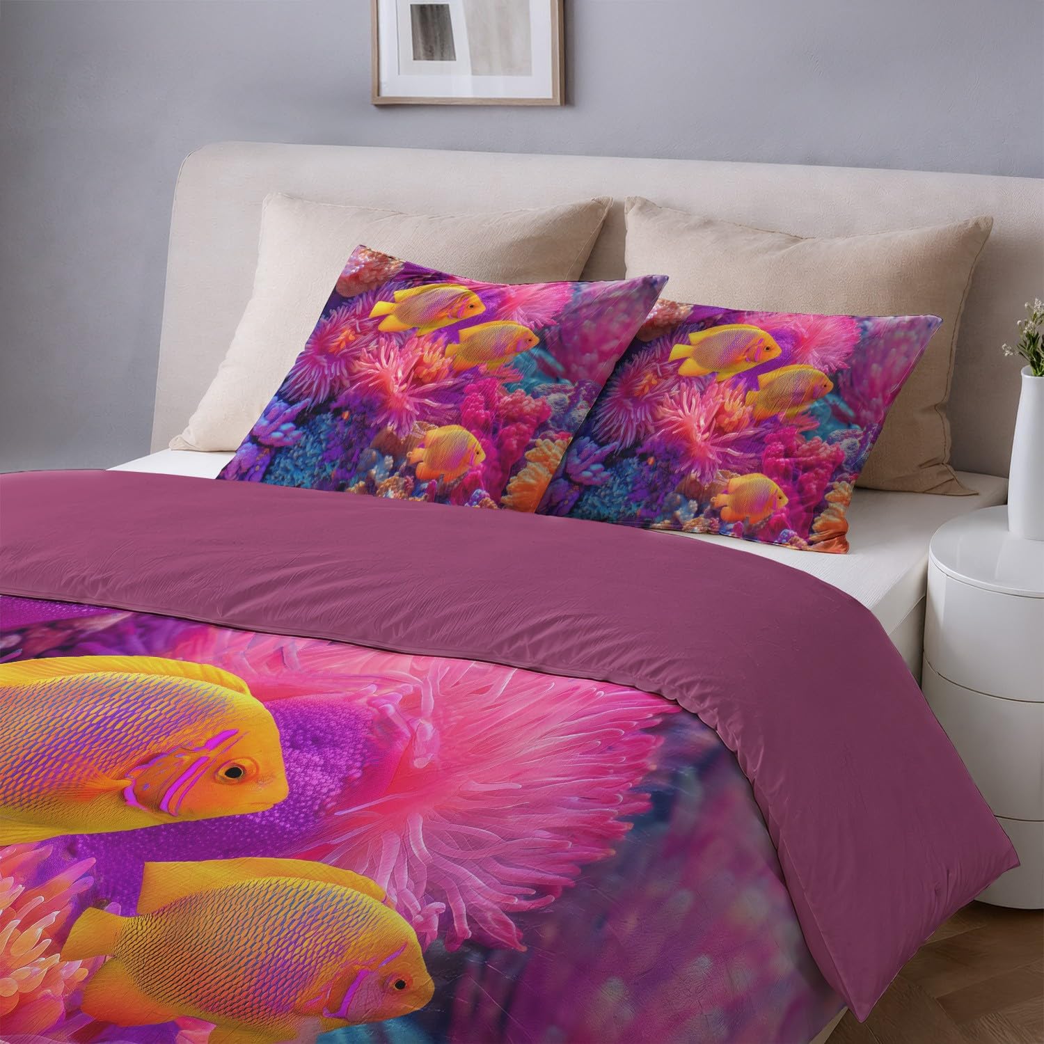 Generic Zestaw poszewek na kołdrę, żywa koral, ryba, król, 229 x 221 cm, różowa pościel fantasy, 3-częściowy zestaw, miękka mikrofibra, zestaw poszewek na kołdrę dla dzieci, dorosłych, dekoracja