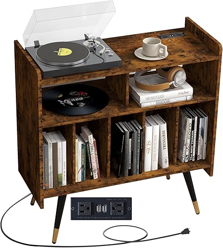 Soporte para tocadiscos con tomas de toma de corriente, hasta 220 álbumes, soporte grande para gabinete giratorio con patas doradas, mesa de