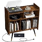 xiweot Record Player Stand with Power Outlet Holds, Up to 220 Albums, Large Turntable Cabinet Stand with Golden Legs, Vinyl Record Player Table for Bedroom Living Room, Walnet