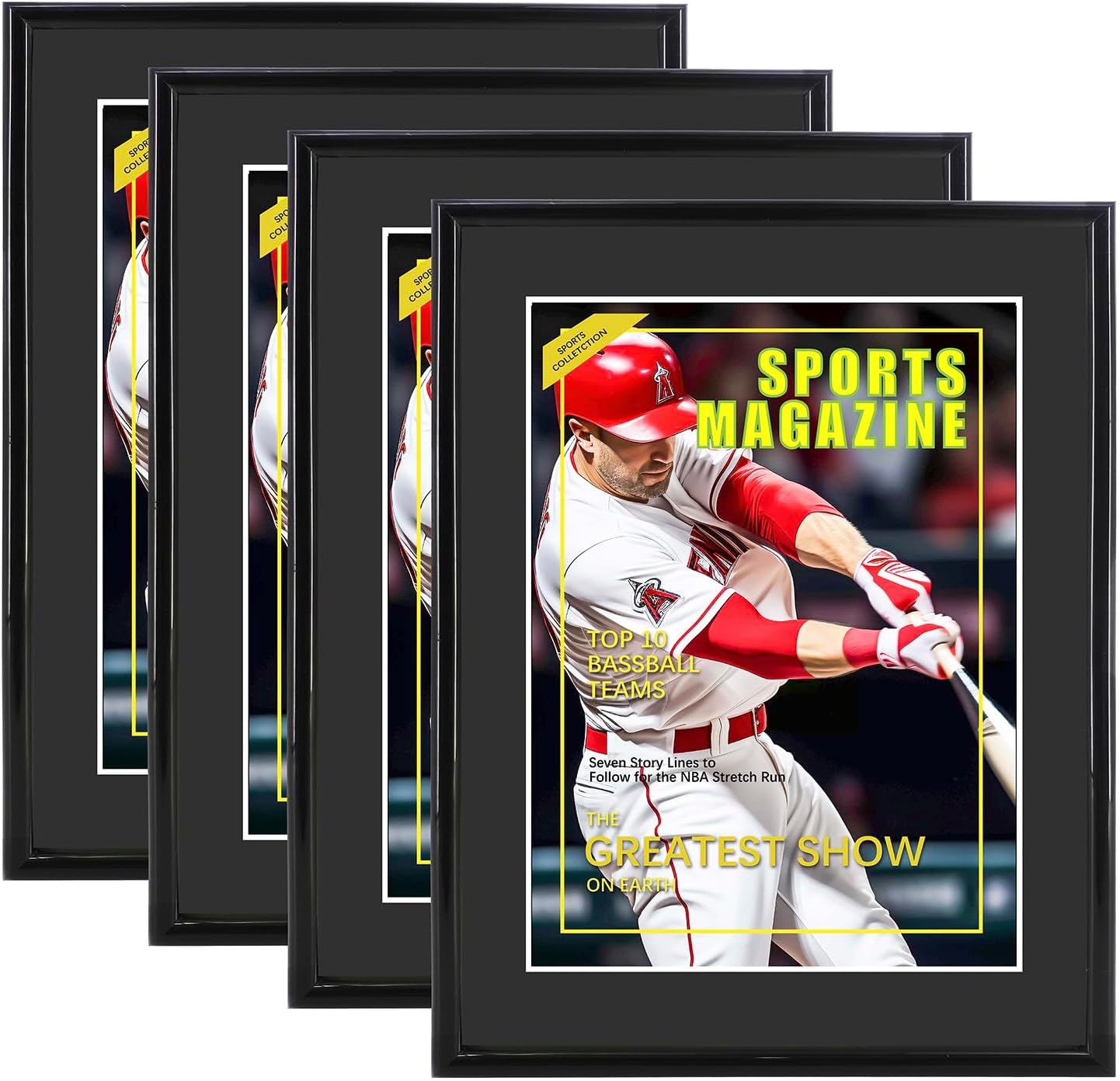 4 Packs Sports Magazine Frame Fits Measuring 8.5 x 11.25 Inch Magazine Display Frame with White Core Matting and Installed Hangers for Wall Hanging