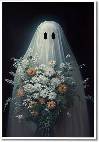Wodkodnxy Lienzo decorativo para pared de fantasmas de Halloween, divertido póster de fantasmas lindos sosteniendo flores, Academia oscura