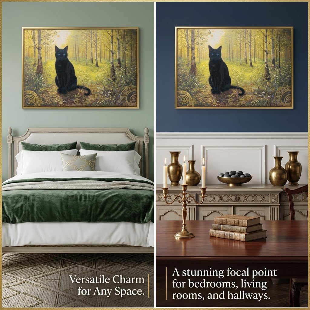 Vintage Black Cat Wall Art - Bohemian Floral Forest Framed Canvas Print, Whimsical Gold Framed Animal Picture Artwork for Living Room Bedroom (24x16 Inch Horizontal, Gold Frame)