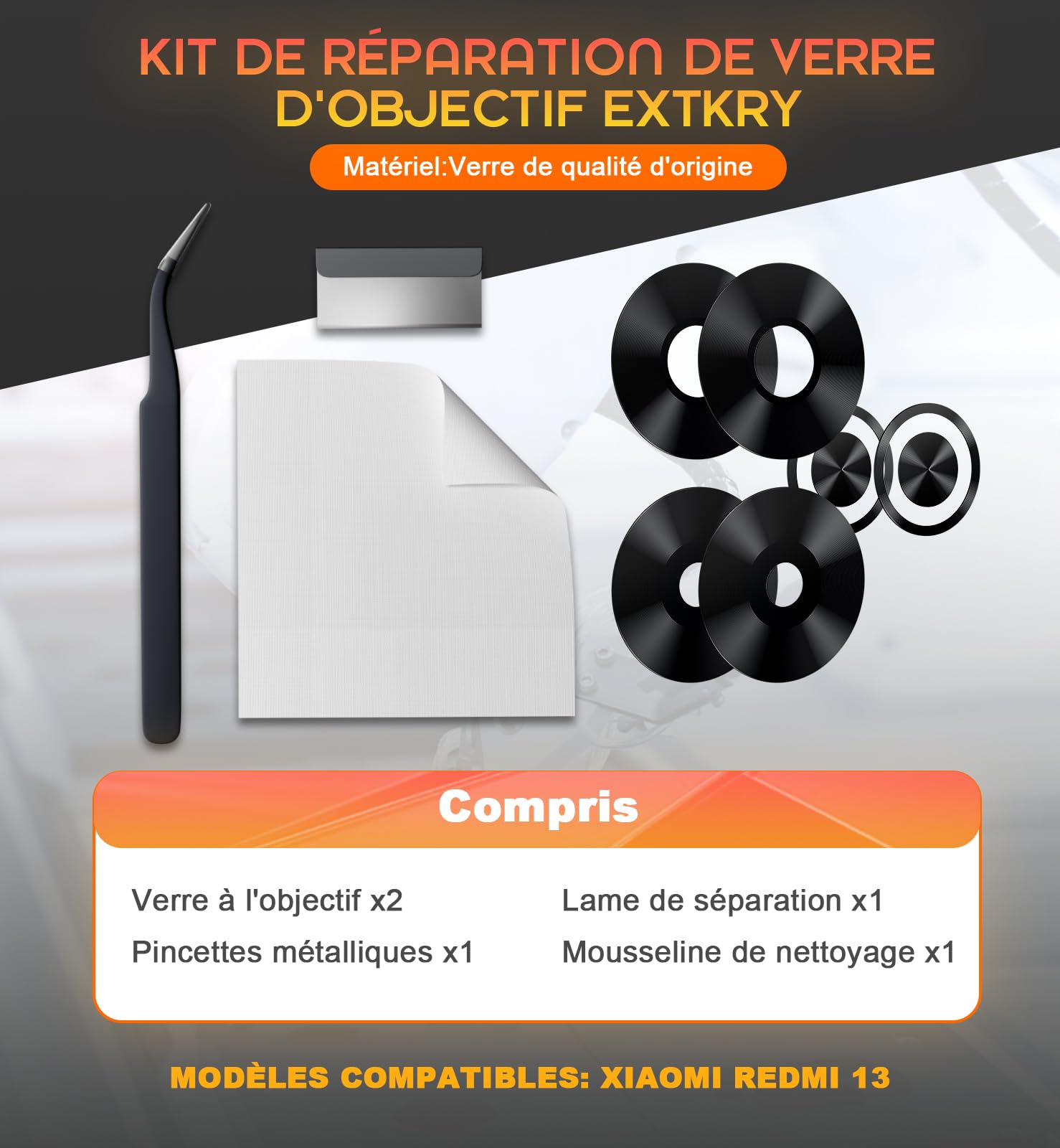 2 Packs Lentille Caméra pour Xiaomi Redmi 13 2404ARN45A/24040RN64Y Origine Remplacement Vitre Appareil Photo Objectif Arrière + Kit de Réparation