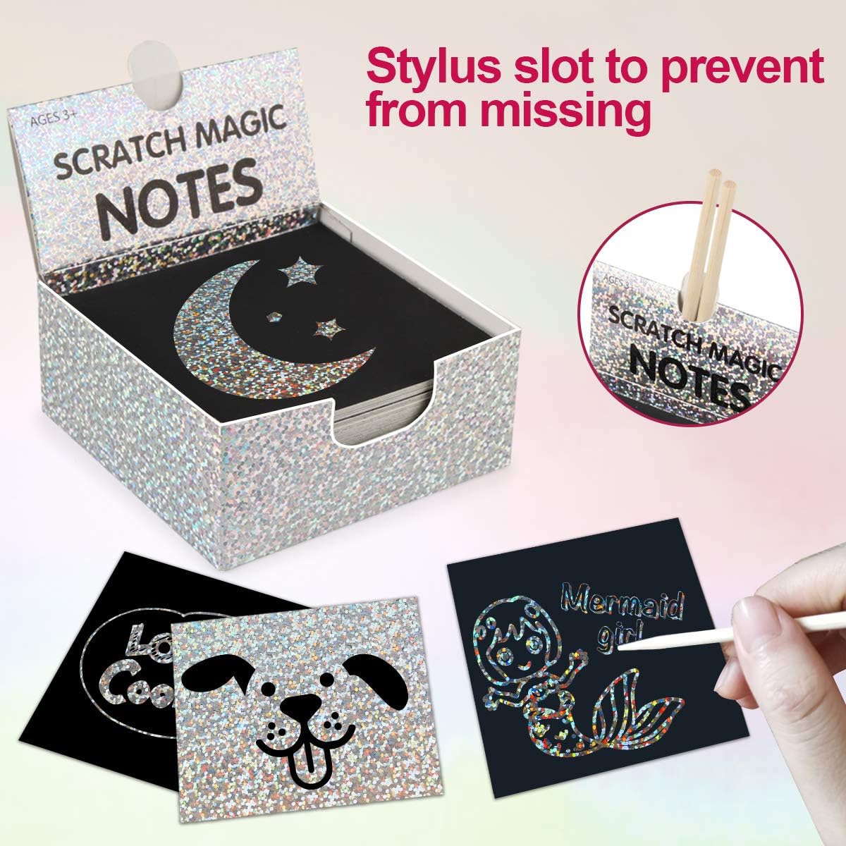 Mocoosy 400 Sheets Mini Holographic Scratch Art Notes for Kids, Glitter Rainbow Scratch Off Paper Arts Crafts Magic Scratch Note Cards Party Favor Supplies Christmas Birthday Gifts for Girls Boys
