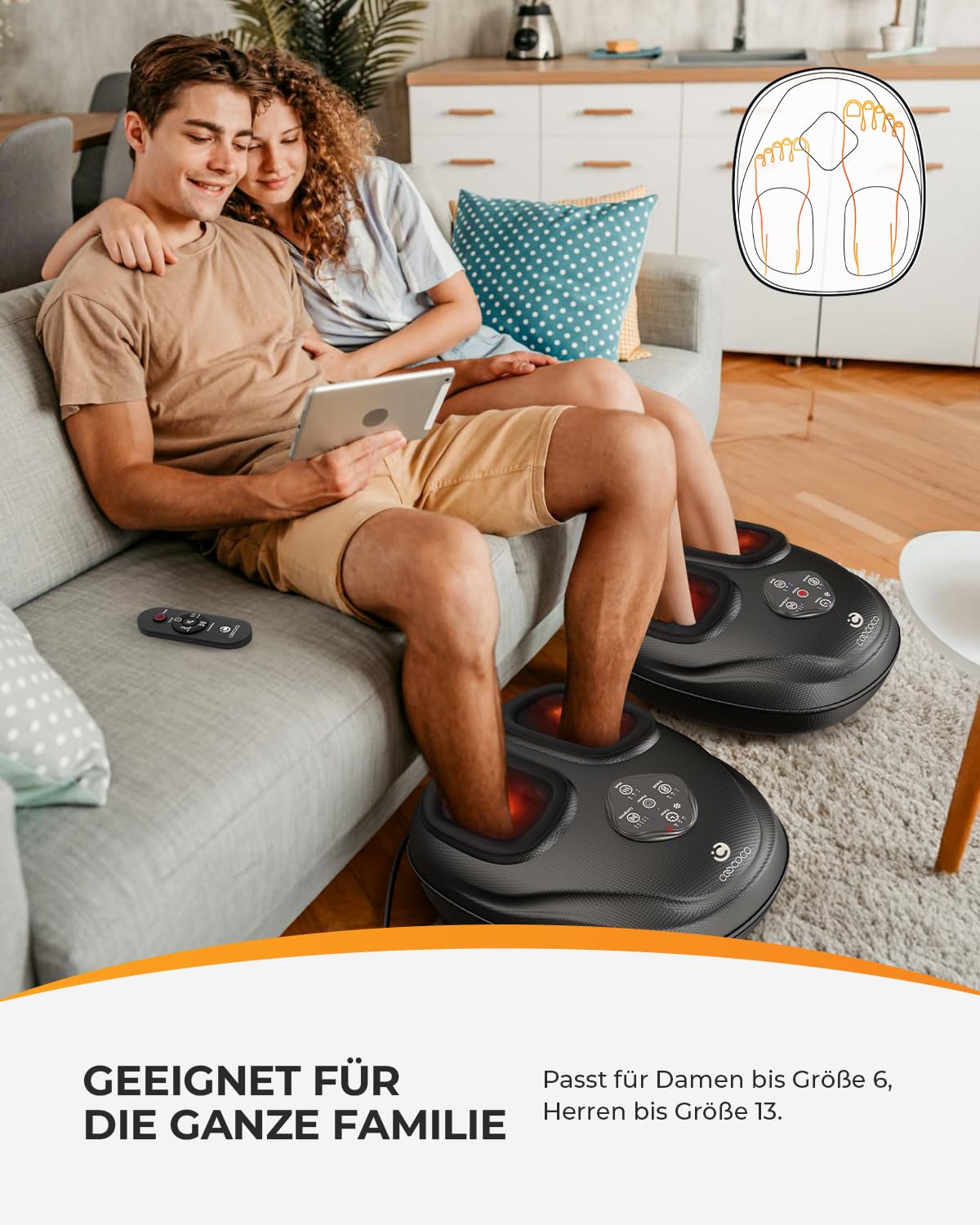 CooCoCo Fussmassagegerät Elektrisch mit Wärme & Fernbedienung, EU 36–47 | Shiatsu Fußmassagegerät mit Kompression, waschbare Innenbezüge, Geschenkidee für Frauen & Männer