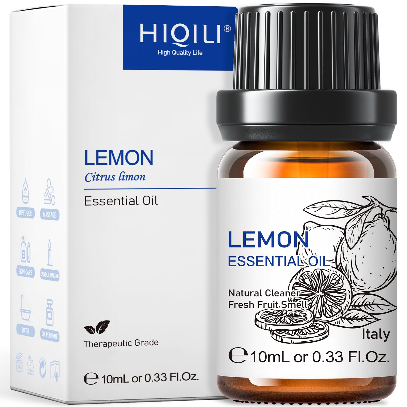 HIQILI Lemon Essential Oil, 10ML (0.33 Fl Oz) | Pure Cold-Pressed Italian Lemon Scent for Cleaning & Aromatherapy