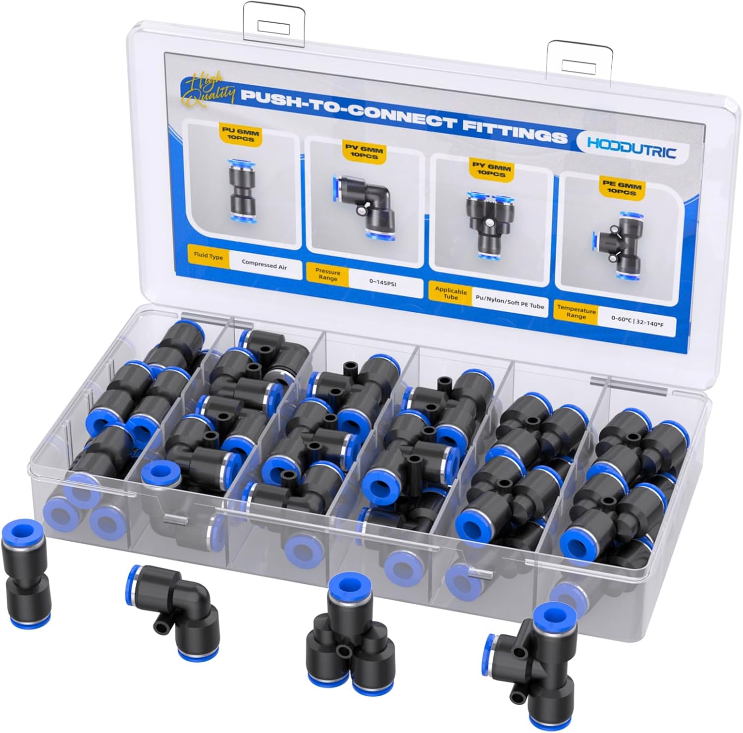 40Pcs Quick Connect Air Hose Fittings Kit, 1/4 inch OD 10 Straights +10 Tees +10 Elbows +10 Splitters Push to Connect Fittings Pneumatic Fittings use 1/4 inch Tube