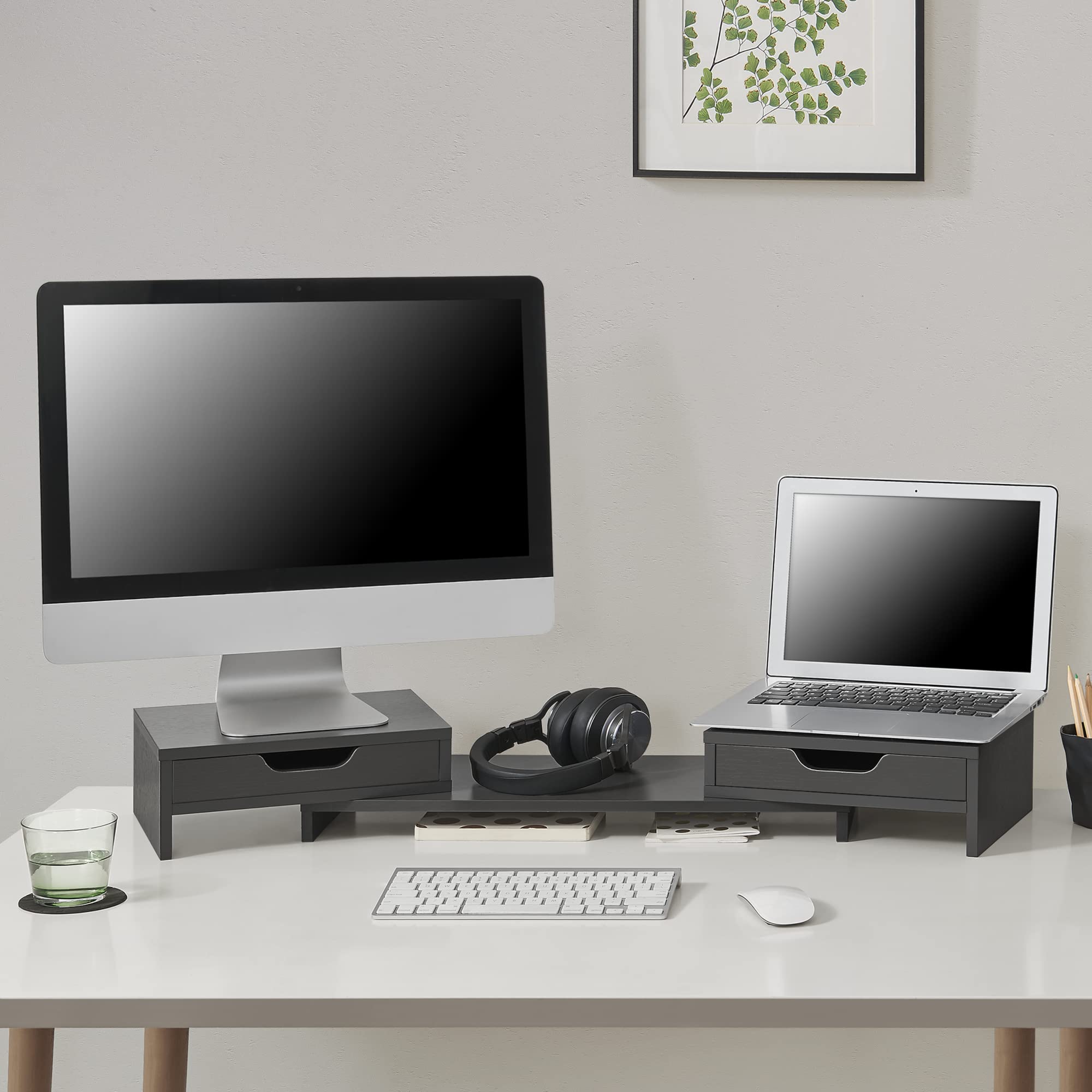 Supporto di Rialzo Monitor/PC Portatile Base per 2 Schermi Stand per Scrivania con Cassetti Portaoggetti - Grigio Scuro