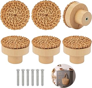 Lot de 6 boutons de meubles en rotin 4 x 3 cm Style vintage Ronds En bois Avec vis Pour armoire, tiroir, salon, armoires de cuisine