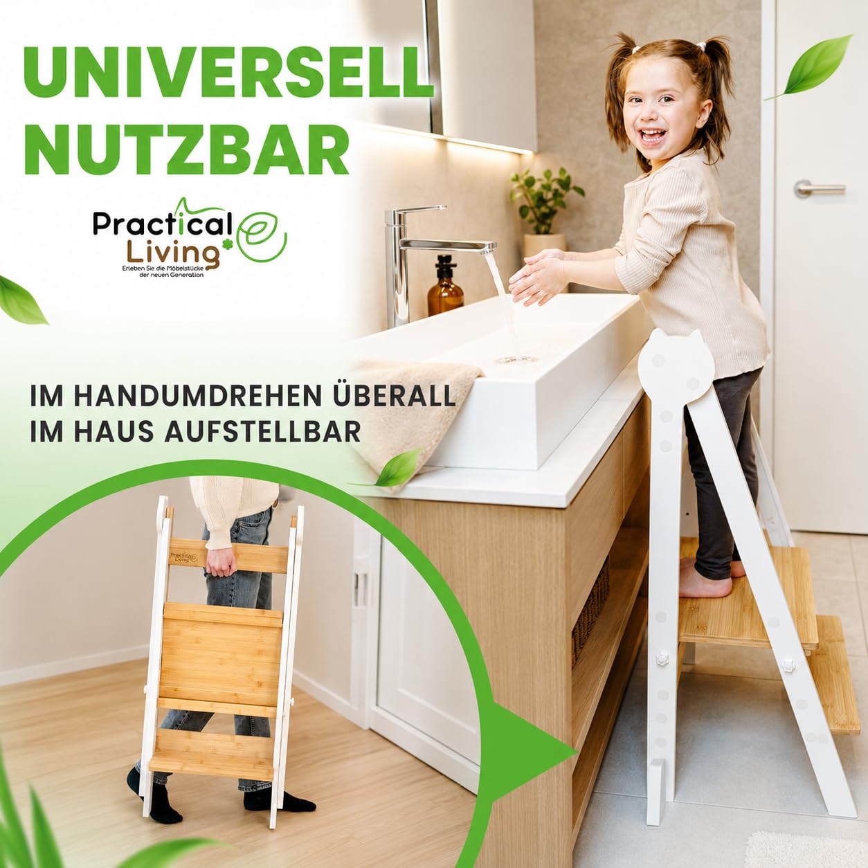 Lernturm Montessori aus Bambus, Klappbar, Tritthocker, Schemel für Kinder | Platzsparend, Höhenverstellbar, Kippschutz & Anti-Rutsch-Trittfläche, Für Kinder ab 1 Jahr