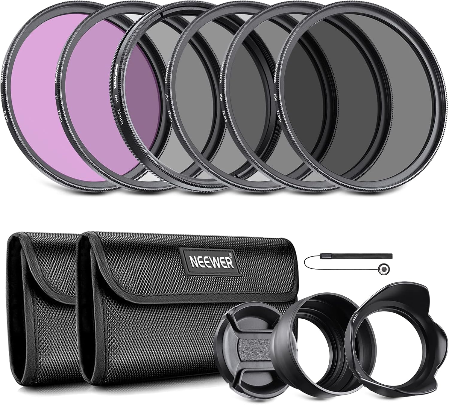 Neewer 72mm ND Lens Filter Kit: UV, CPL(Circular Polarising), FLD, ND2, ND4, ND8, Lens Hood and Lens Cap Compatible with Canon Nikon Sony Panasonic DSLR Cameras