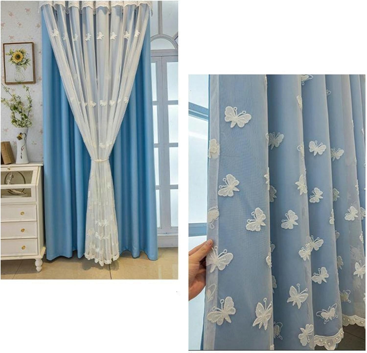 Bedroom Curtains Blackout 2 Panels Set 84 inch Long, Blackout Curtains Eyelets Double Layer Embroidered Butterflies Room Darkening Window Treatment Light Blue, 38 x 84 Inch