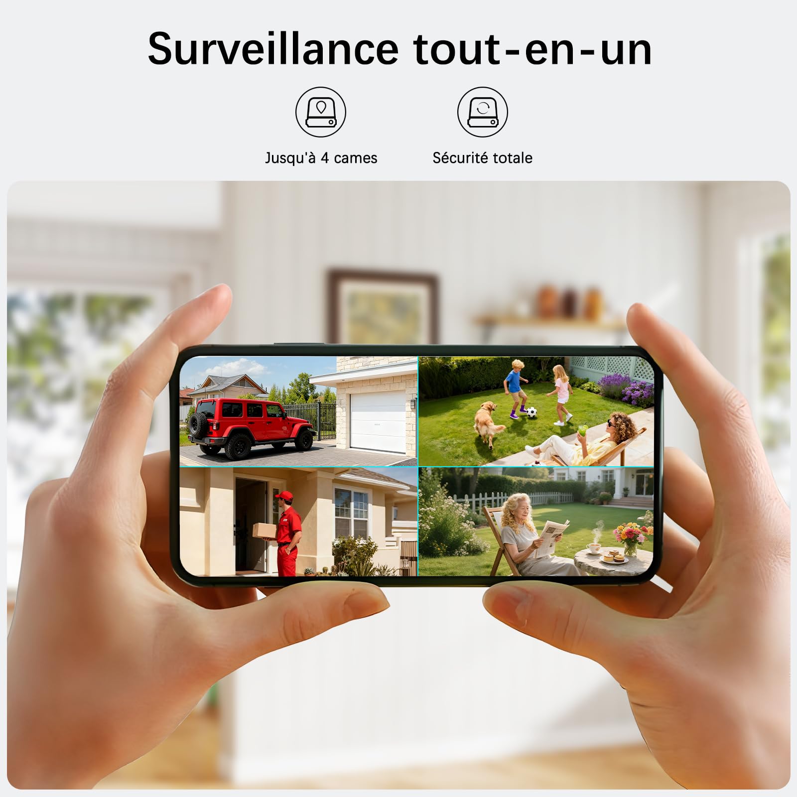 4K cámara de vigilancia WiFi Exterior sin Hilos,4 CAM-Kit con estación de hogar/Almacenamiento Local 32G/cámara Solar,Seguridad en casa PTZ a 360 °,Visión, Audio bidireccional, Monitoreo automático