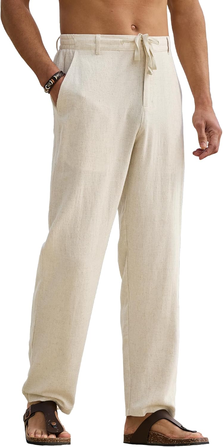 HOTake Men's Linen Pants Casual Beach Summer Vacation Linen Dress Pants Loose Fit Beige Large