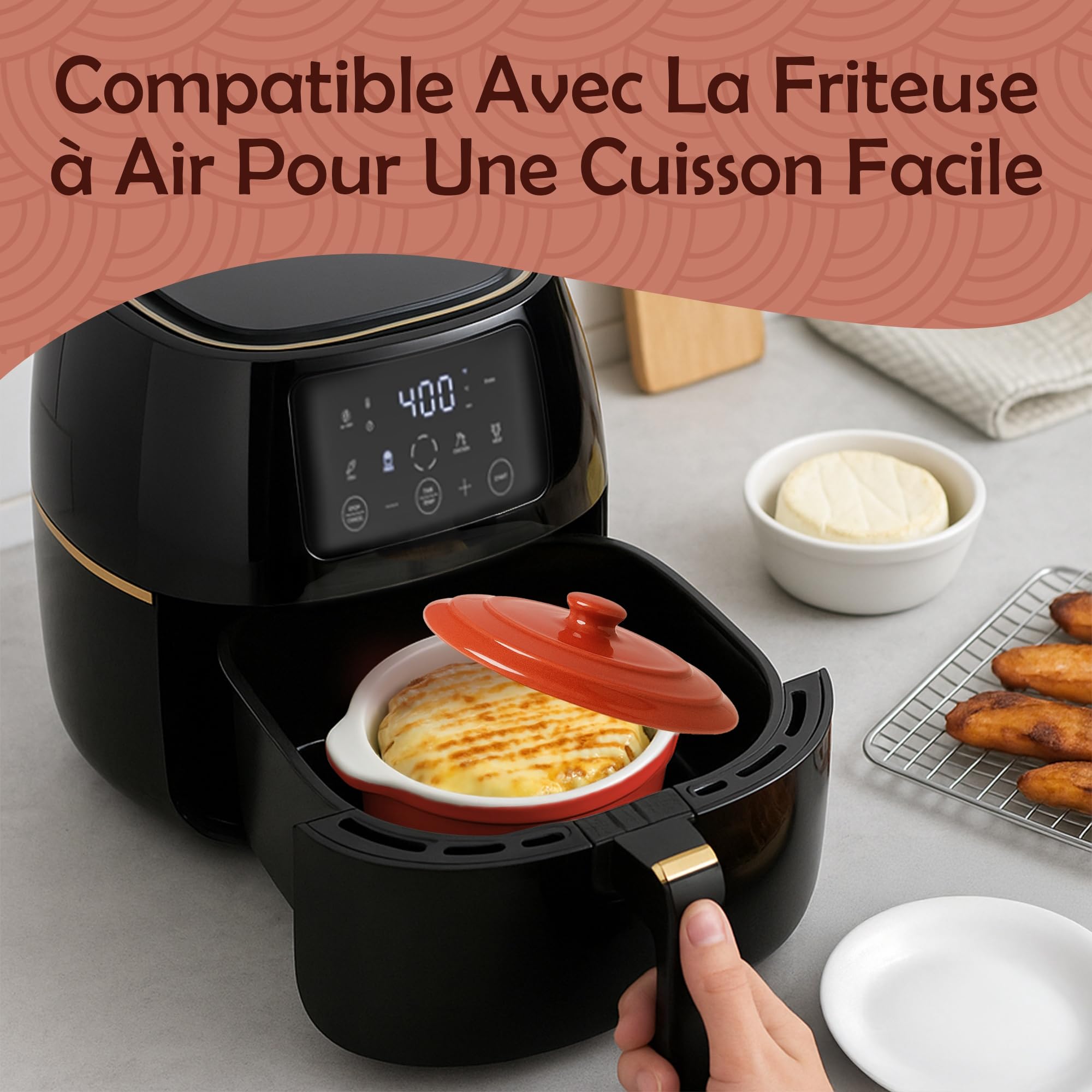 Muldale Plat de cuisson à camembert – Rouge – Plat de cuisson à brie sans plomb avec couvercle – 14 cm – Avec épandeur et boîte