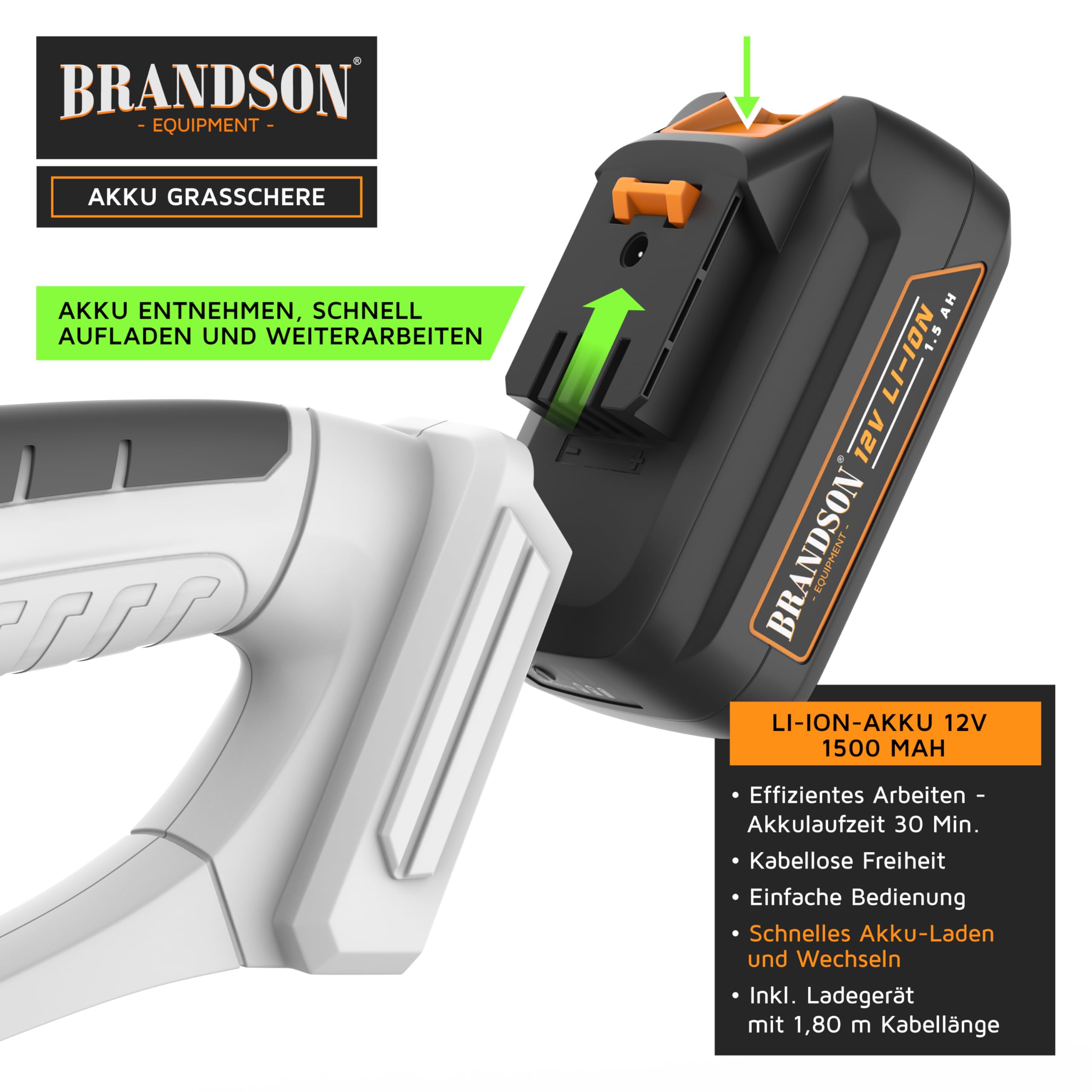 Brandson - Grasschere mit Akku - kabellose Strauch und Heckenschere - elektrischer Rasenkantenschneider – Aufsätze zum Wechsel - 12mAh Akku und Ladegerät inklusive
