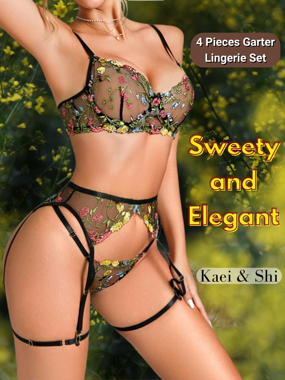 Kaei&Shi Vibrant Floral Embroidery, Underwire, Thong, Thigh Straps, Lingerie Set - Image 2