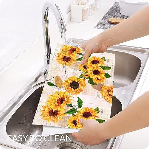 Miniatura 5 de Juego de 4 manteles individuales vintage con diseño de girasoles amarillos y girasoles amarillos, flores y letras antiguas, antideslizantes,