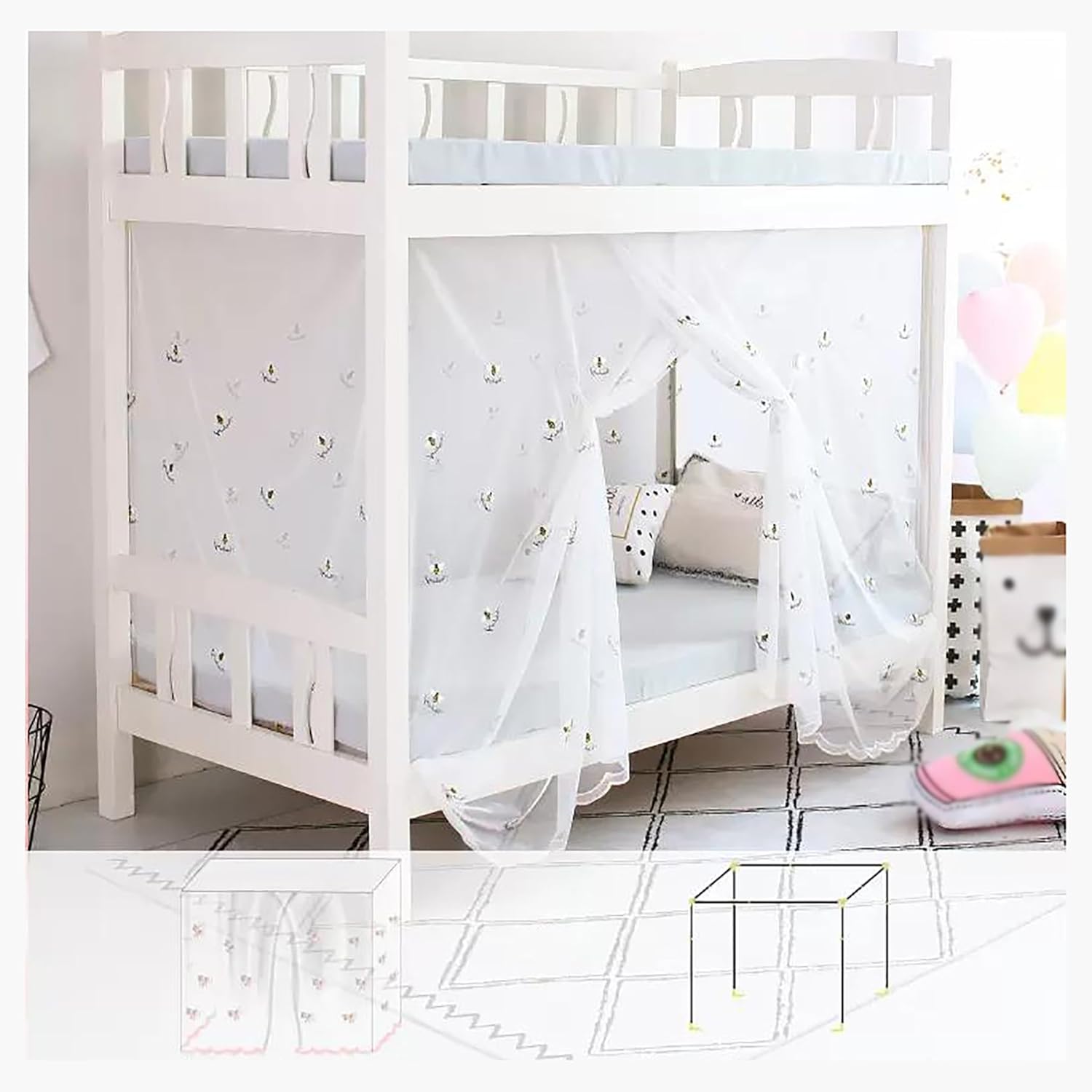Bunk Four Corner Post Curtains Bed Canopy Stainless Steel Canopy Bed Frame Curtains Elegant Mosquito Net for Canopy Bed Frame Embroidery,Bee,W1.2m