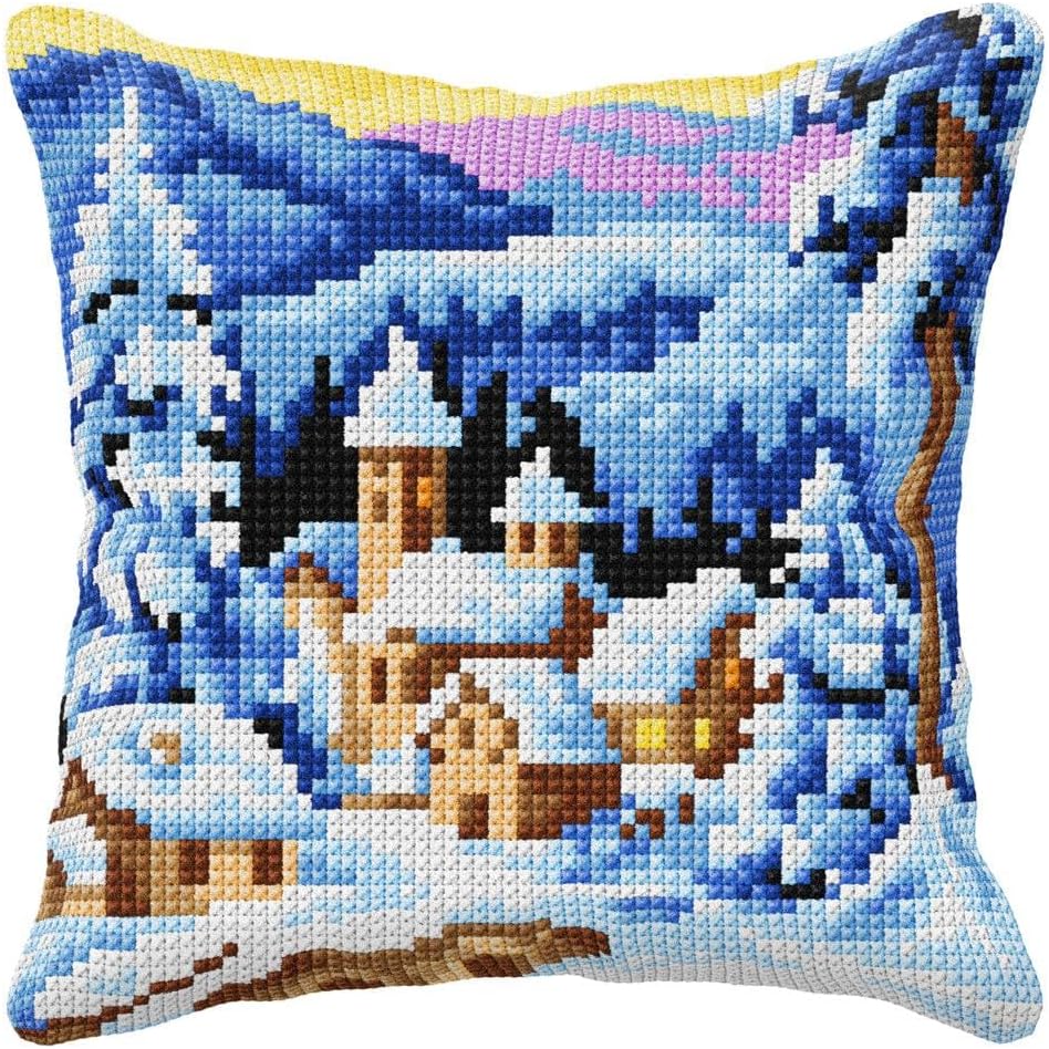 Wizardi Cushion Stamped Cross Stitch kit Winter Village 99041 Orchidea