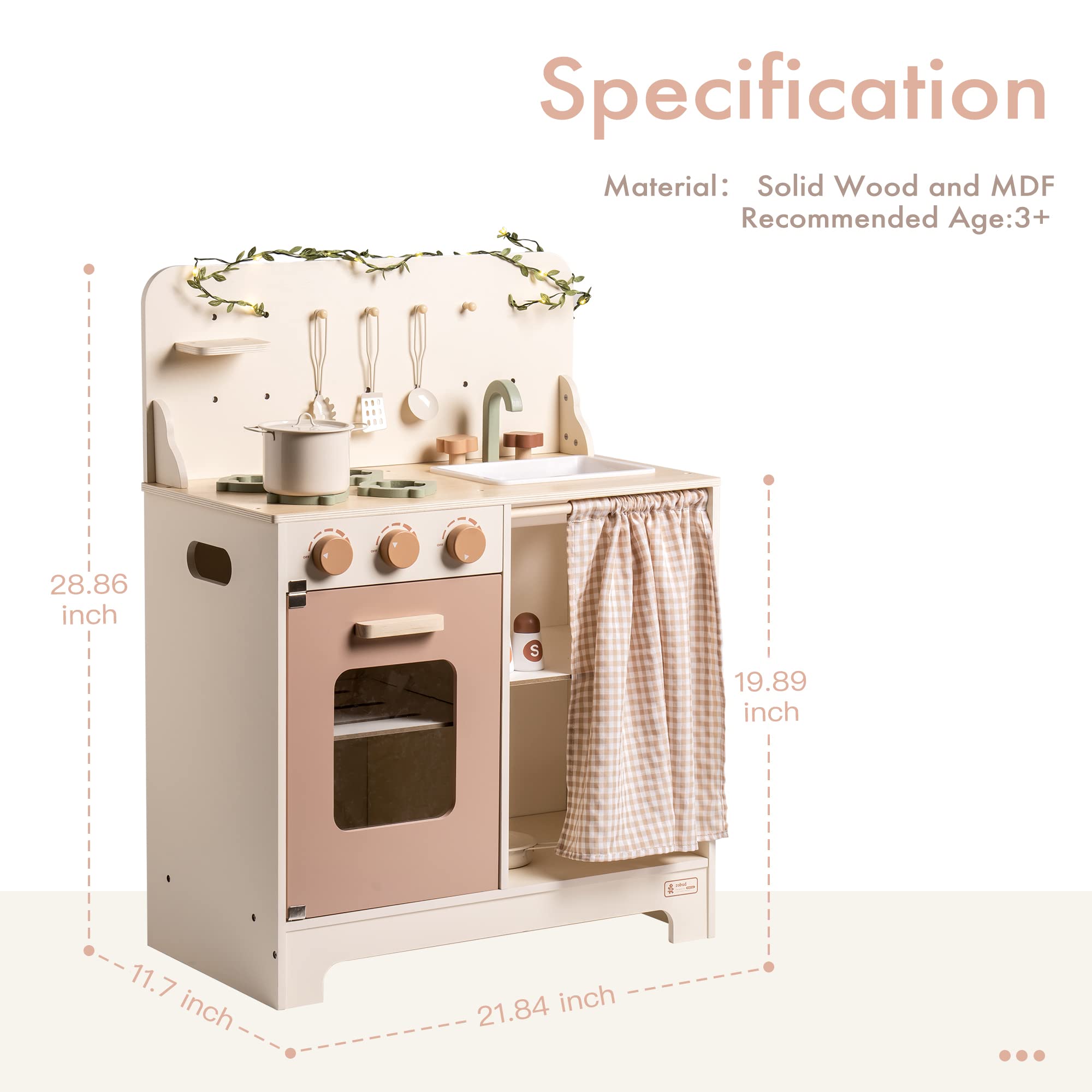 ROBUD Spielküche Holz, Kinder Küche mit Backofen, Schürze, Handschuhe, Kinderküche Zubehör, Geschenke Spielzeug für Mädchen ab 3 Jahren, Beige