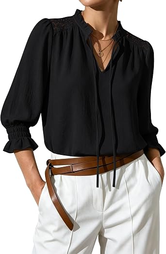 siliteelon 3/4 Length Sleeve Womens Tops Peasant Blouses for Women 3/4 Sleeve Ruffle Collar Boho Lace Dressy Casual Business