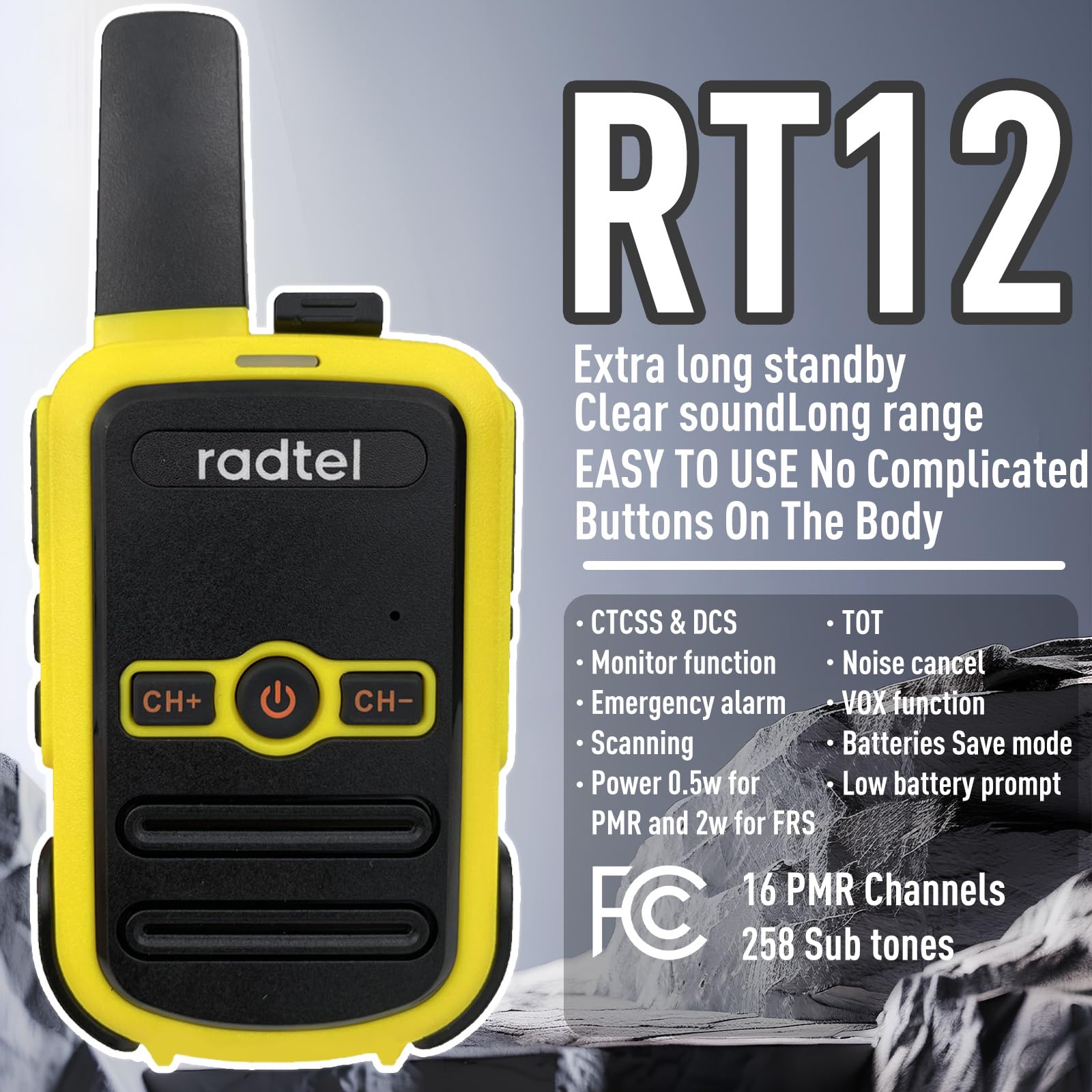 Radtel RT12 Walkie Talkie Ricaricabile per Adulti Portatile a Lungo Raggio Senza Licenza PMR 446 Radio Ricetrasmettitore 16CH Vivavoce VOX per Escursioni in Campeggio… (Giallo)
