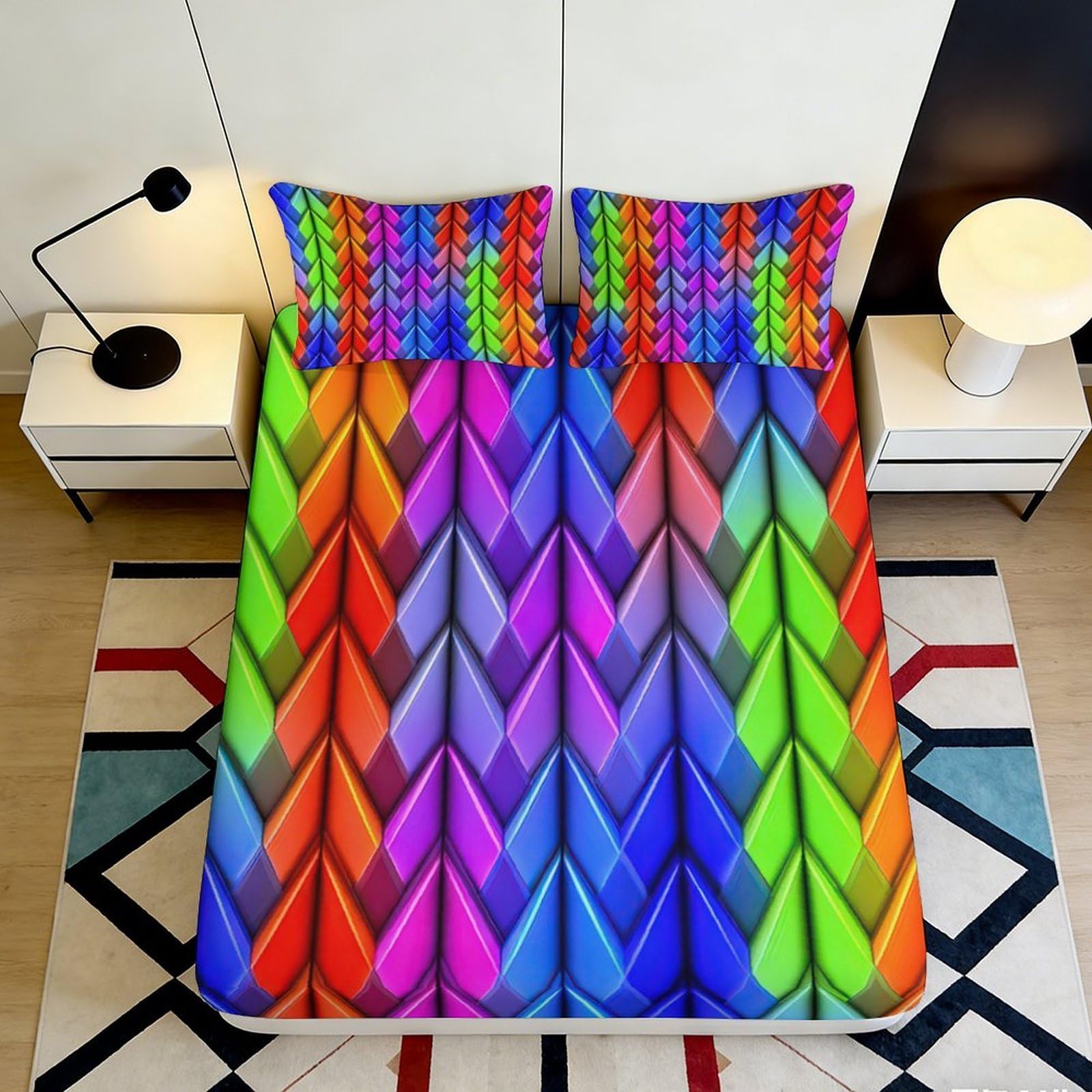3D Printed Rainbow Origami Fitted Sheet Microfiber Soft Colourful Geometric Mattress Cover for Bedroom Dorm Decor 90x200x25cm
