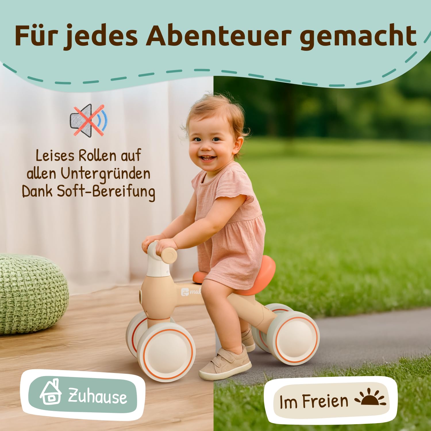 Mallie® Laufrad ab 1 Jahr I Ab 12 bis 24 Monate inkl. Gratis Korb als Laufräder, Rutschauto, Schaukelpferd oder Dreirad ab 1 Jahr Ersatz I Balance Bike Kinderspielzeug als Geschenk 1 Jahr