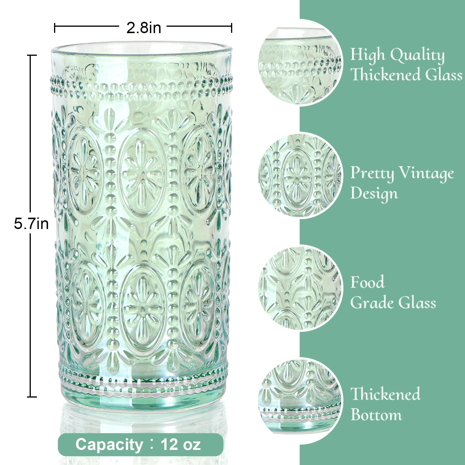 abrwyy Grüne Trinkgläser, Vintage-Glaswaren, 340 ml Longdrinkgläser | Bleifreies Glas, dickes und langlebiges Glas, Heimdekoration, lebensmittelechtes Glas