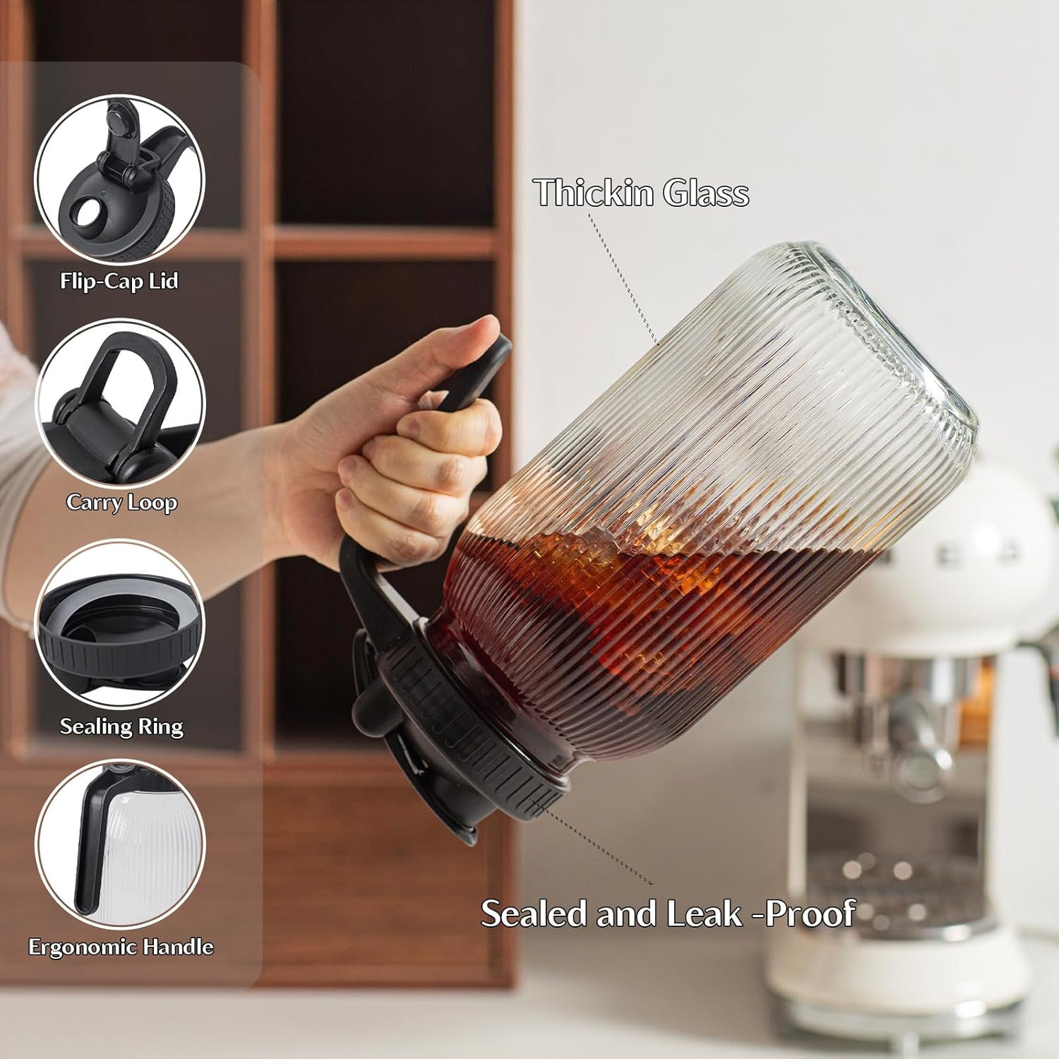 INSETLAN 64oz Glass Mason Jar Pitcher with Pour Spout Lid – 2 Pack, Wide Mouth Glass Pitcher with Lid, Leak-Proof Glass Breastmilk Pitcher for Cold Brew Coffee, Sun Tea and Fruit Drinks, Fridge Safe