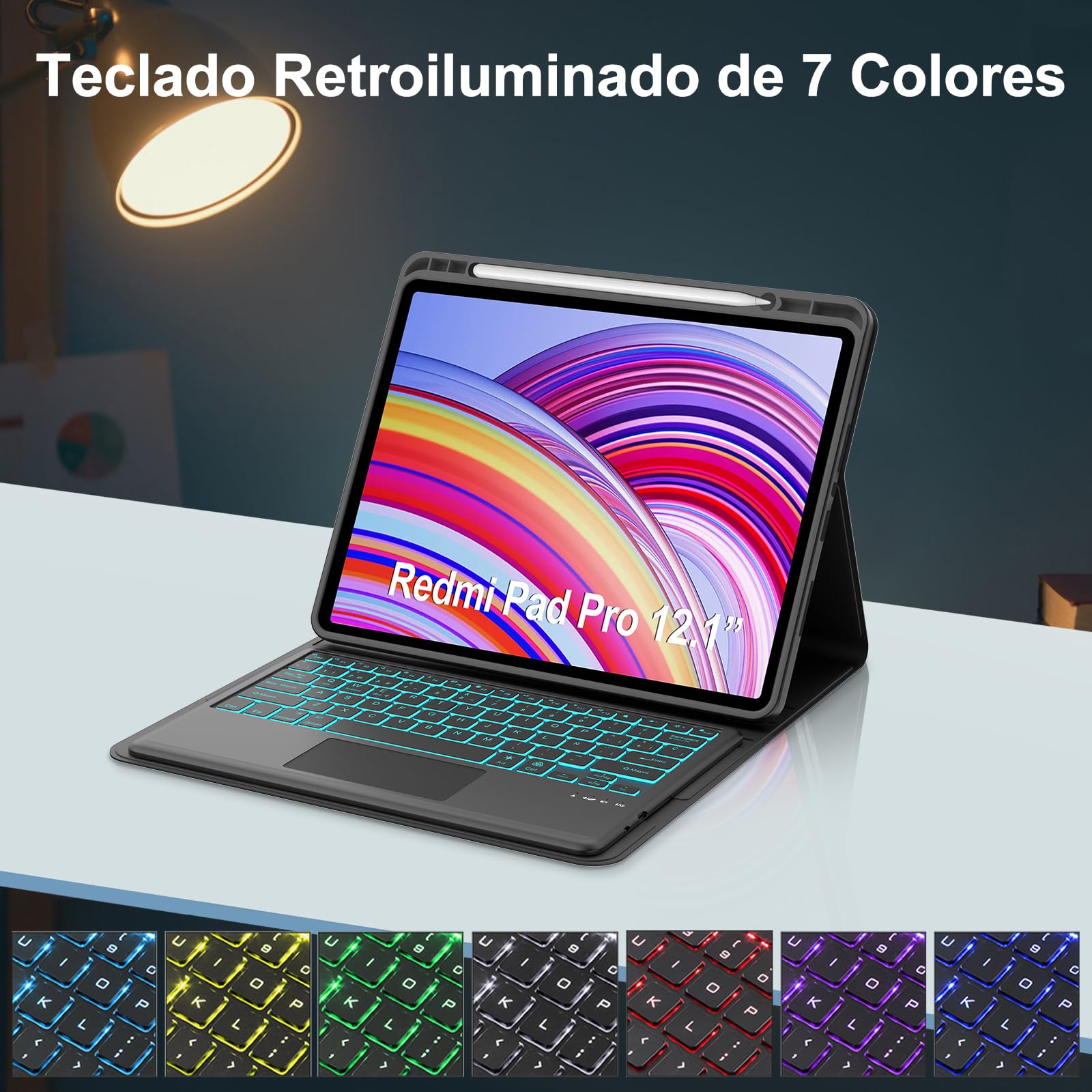 FOGARI Teclado con Touchpad para Redmi Pad Pro 12.1" 2024/Poco Pad 12.1" | Funda para Redmi Pad Pro 12.1 con Español Ñ Teclado Retroiluminado Desmontable con Trackpad para Xiaomi Redmi Pad Pro, Negro