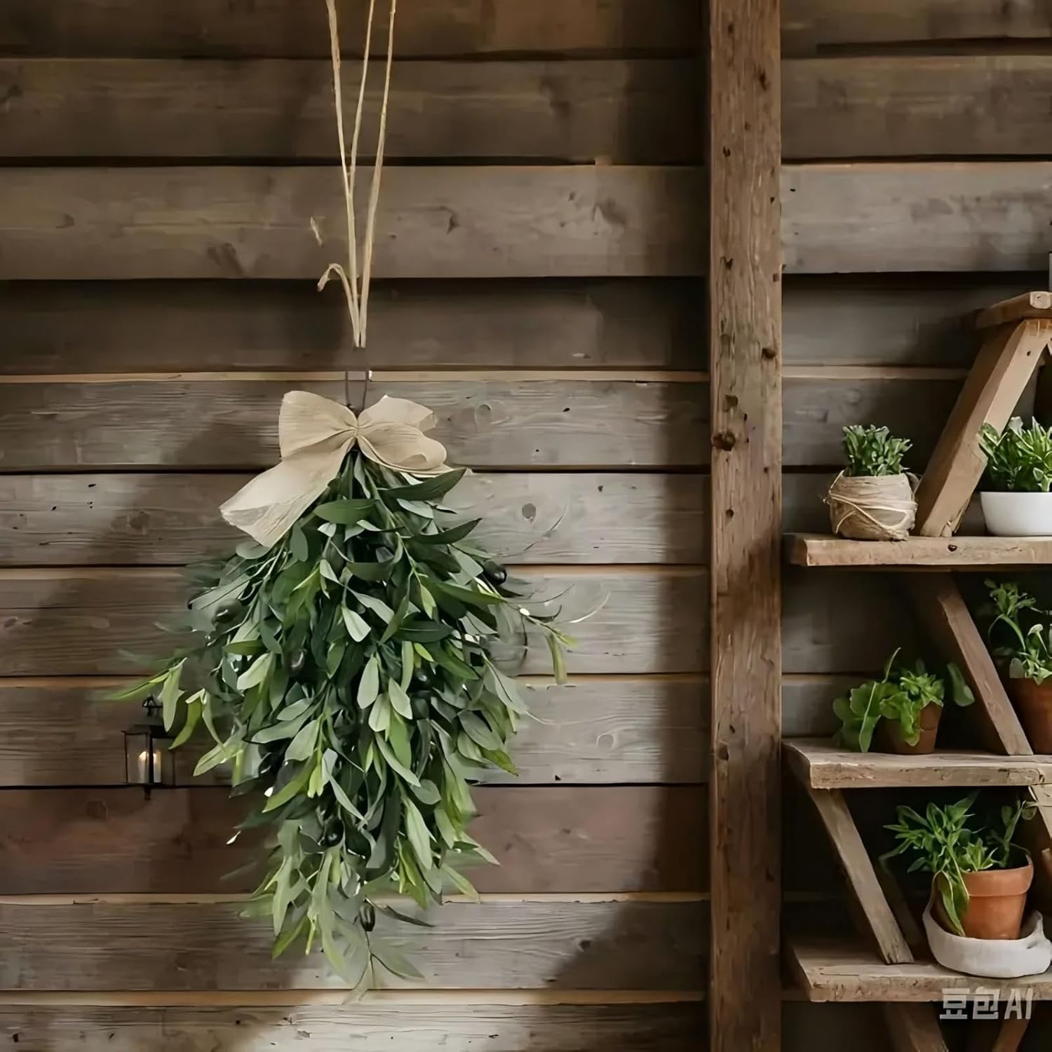 24" Artificial Olive Branch Teardrop Swag, Realistic Faux Olive Bunch with Burlap Bow, for Front Door, Wall, Home & Year-Round Decor, Farmhouse Rustic Floral Accent for Indoor Outdoor (2 Pcs)