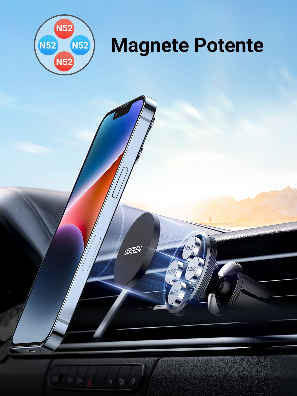 UGREEN Supporto Cellulare Auto Magnetico 2 Pad Metallo Inclusi, Porta Cellulare Auto Magnetico per iPhone 16 15 14, Galaxy, Oppo, Redmi/Xiaomi, ECC
