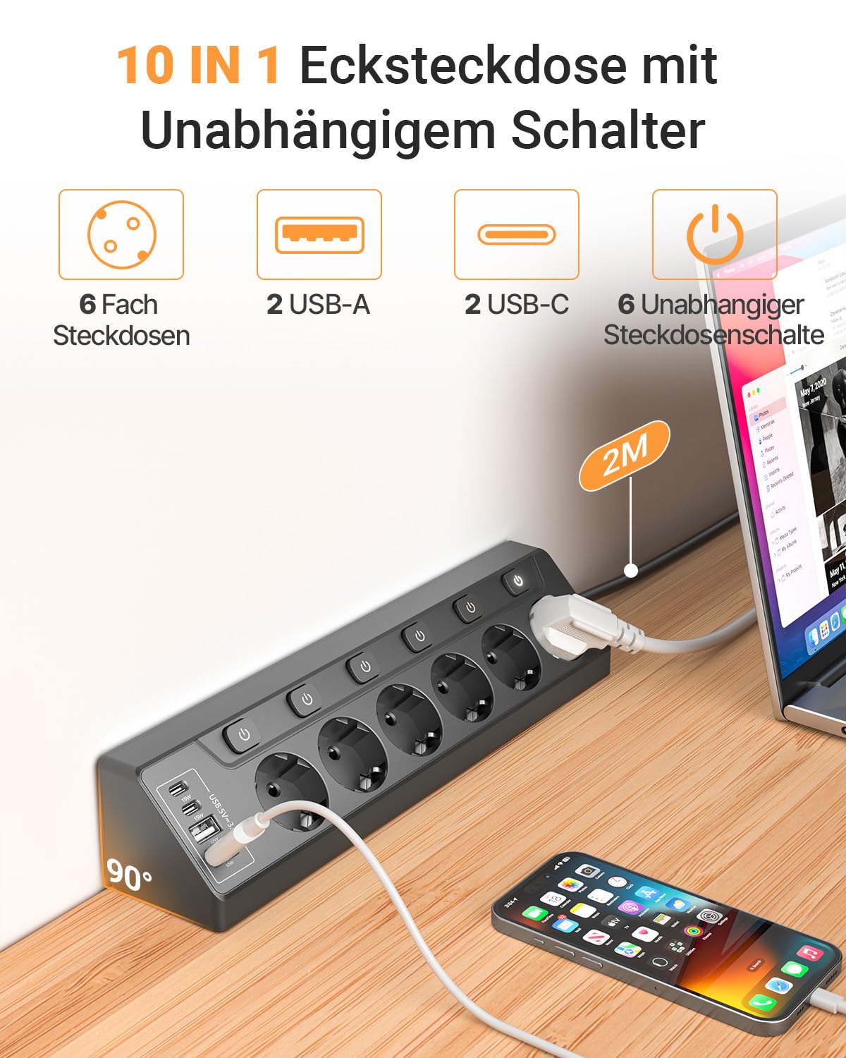 Ecksteckdosen-Steckdosenleiste, einzeln schaltbar, 6 Fach mit 4 USB (2X USB-C + 2X USB-A), Überspannungsschutz, Berührungsschutz, 2m Kabel, 3680W für Küche, Büro und Haushalt