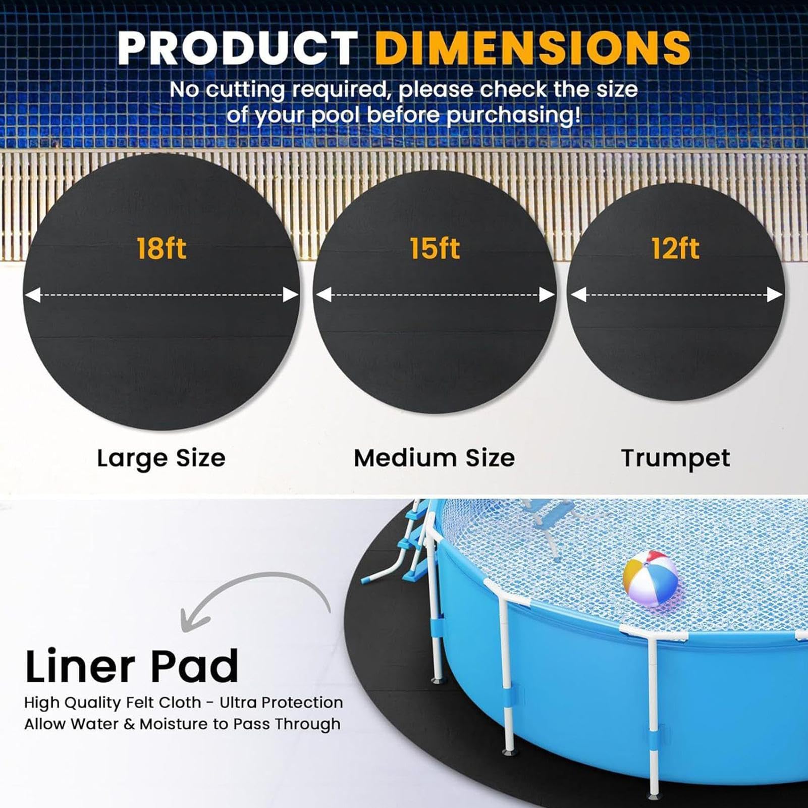 Podkładka pod basen – wstępnie przycięta odporna na przebicie do stawów ogrodowych i basenów, idealna rekreacja na świeżym powietrzu na powierzchniach kamienia, betonu, żwiru i trawy