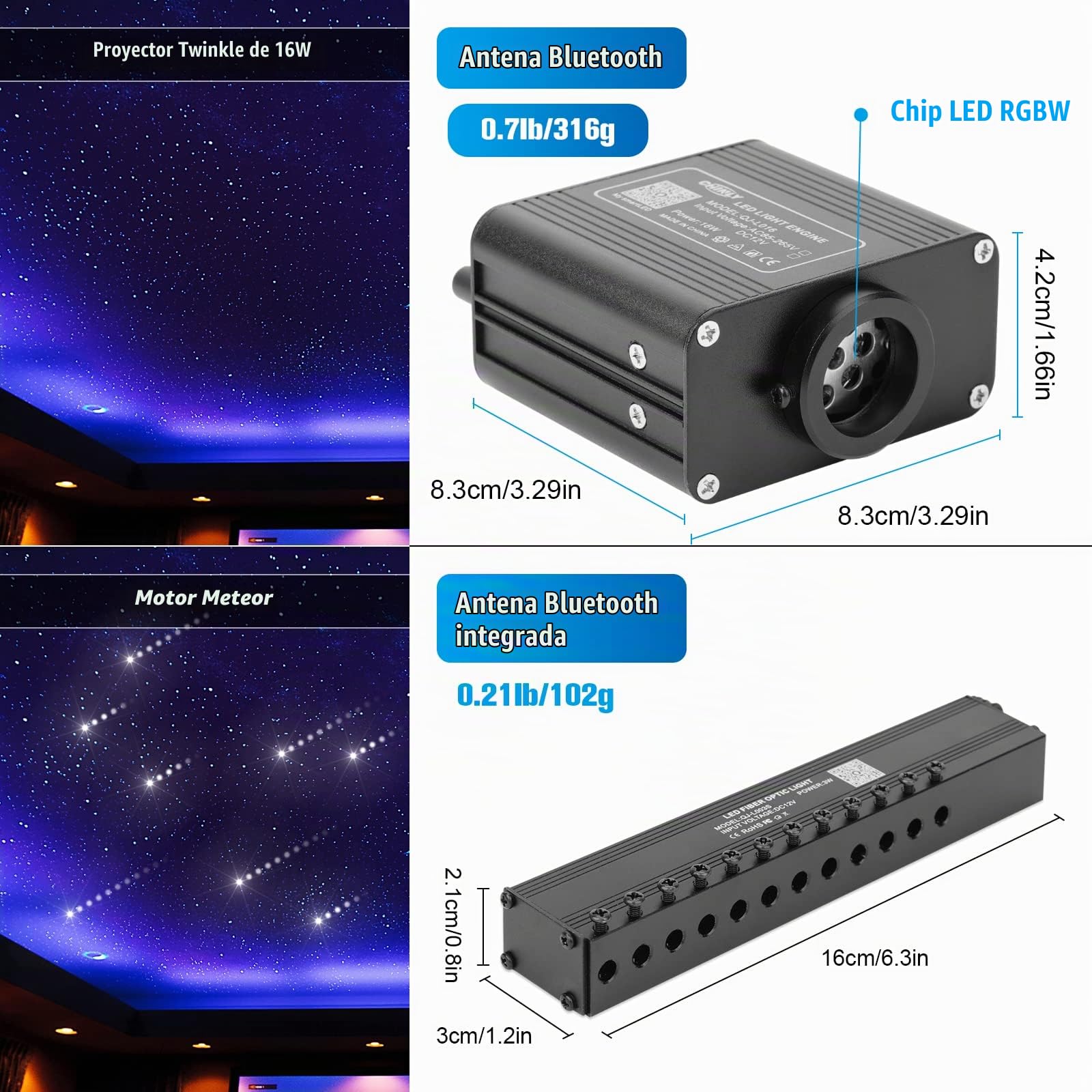 CHINLY Luz de Fibra óptica para Coche/Techo, 16W Twinkle 550pcs * 0.75mm * 3m LED Fiber Optic Star Sky Lights Kit, Bluetooth App/Control Remoto（Meteor）