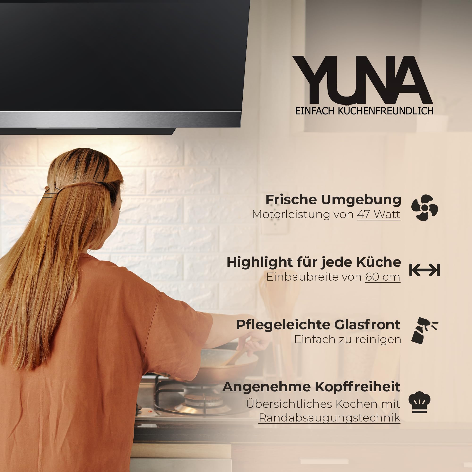 YUNA Dunstabzugshaube DULCIA 60 cm Schwarz Glasfront 3 Leistungsstufen 47W Motorleistung Energieeffizienz A Abluft Umluft Kopffrei LED Beleuchtung Ohne Kohlefilter Wandhaube