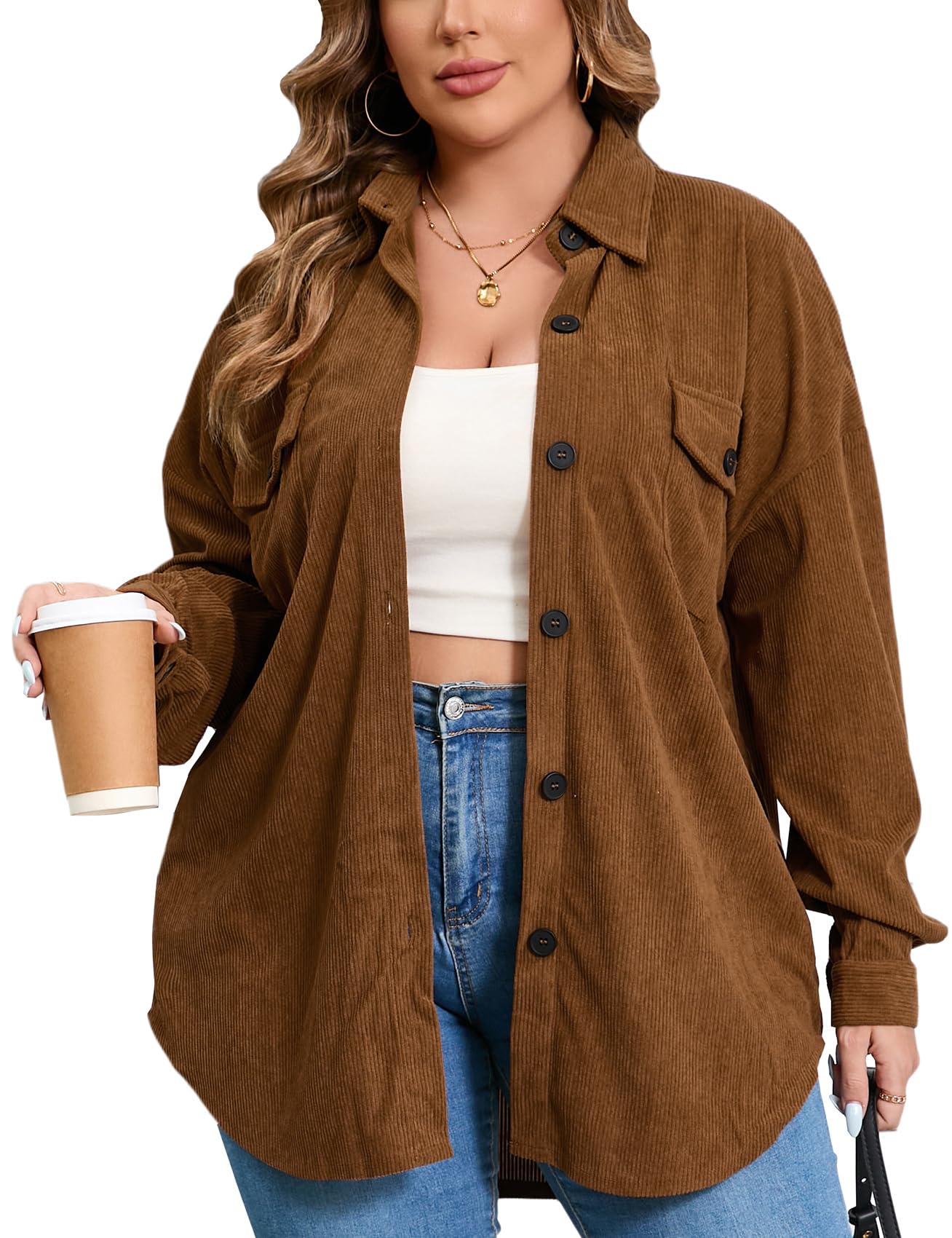 ZOMVA 2025 Women's 1X-5X Plus Size Flannel Plaid Corduroy Shacket Jacket Oversized Button Down Coats Shirts Winter Fall