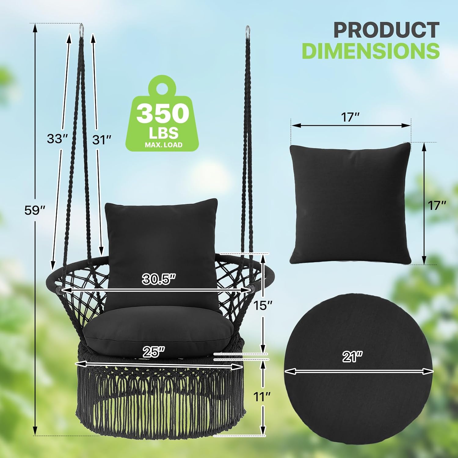 Magshion Boho Hanging Chair with Cushions, Macrame Swing Chair for Indoor and Outdoor Use, 350 lbs Capacity, Handwoven Cotton Hammock Seat, Black