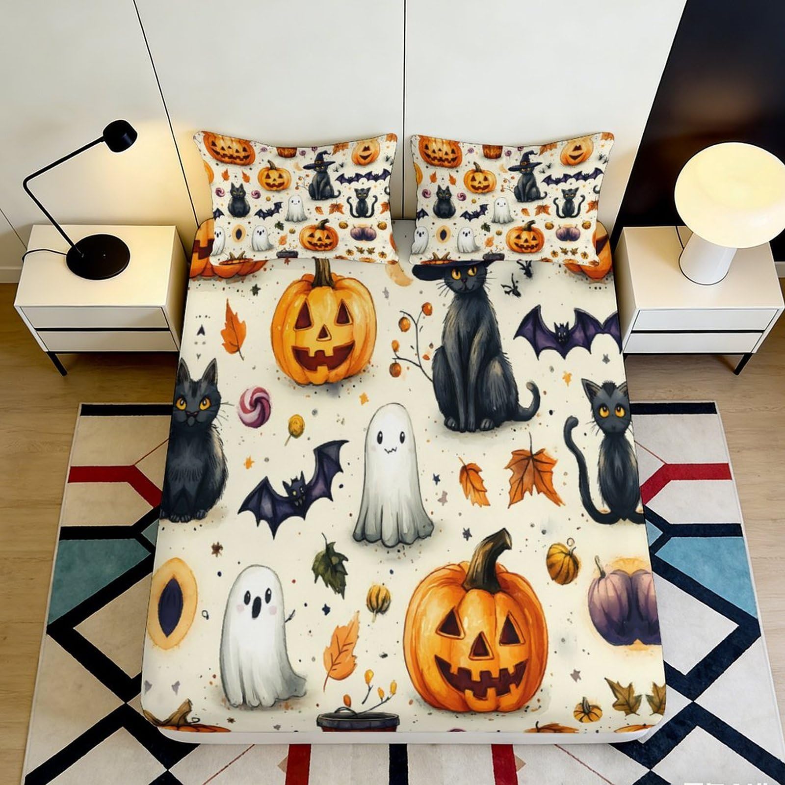3D Printed Halloween Pumpkin Fitted Sheet Microfiber Ghost Bat Black Cat Mattress Cover for Bedroom Dorm Decor 90x200x25cm