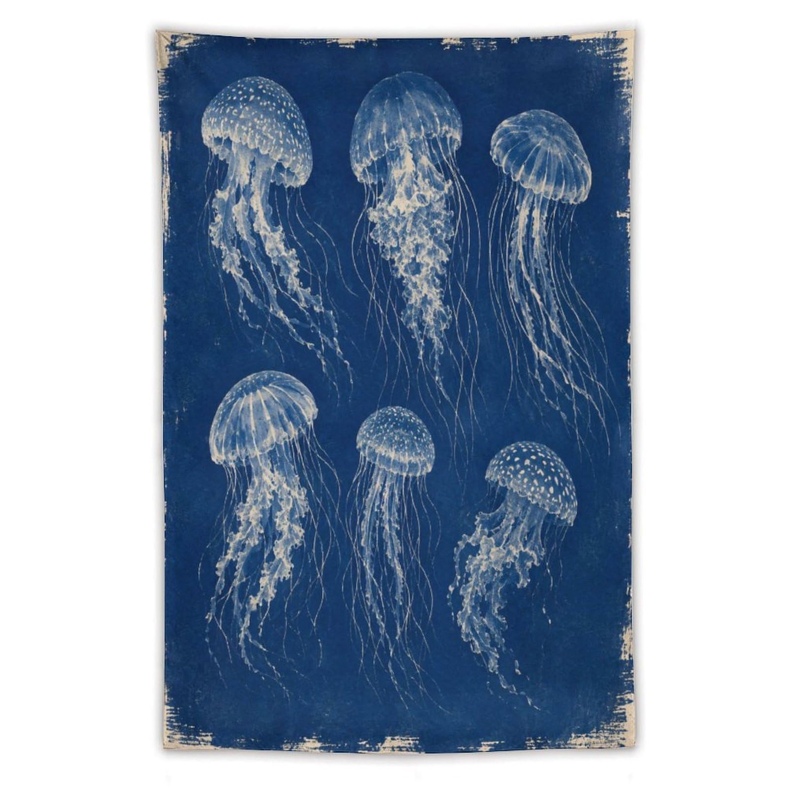 H3B8U2Y5 Blue Jellyfish Study Wall Tapestry, Vintage Poster Style, Bed
