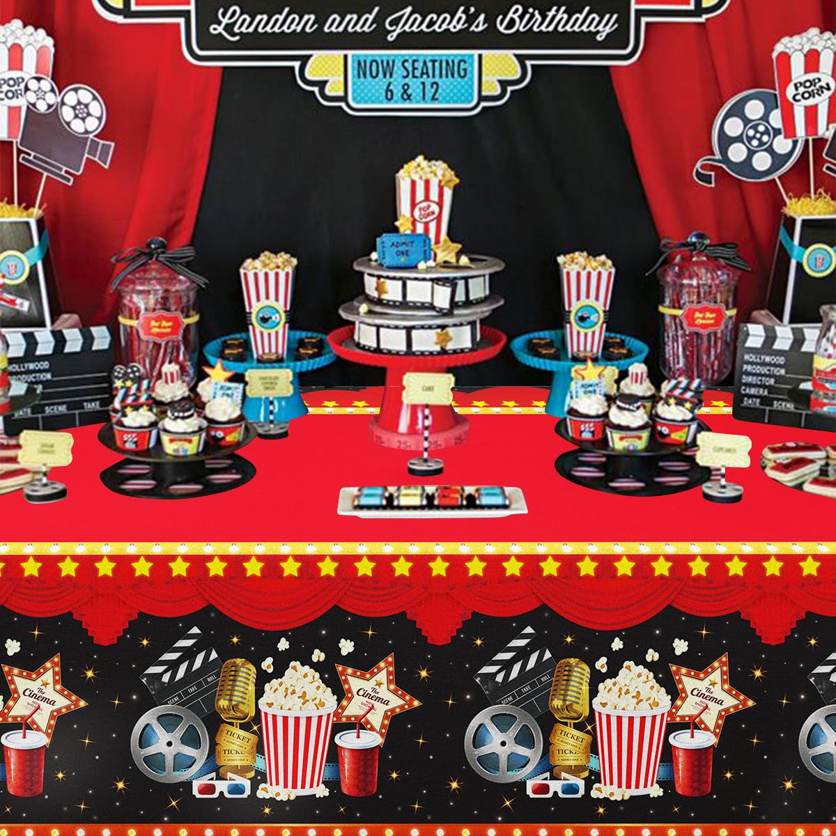 4 piezas de manteles de noche de película temática de cine decoraciones de fiesta alfombra roja manteles palomitas de maíz mantel entrega de premios se muestra ahora tema cumpleaños accesorios 130 x