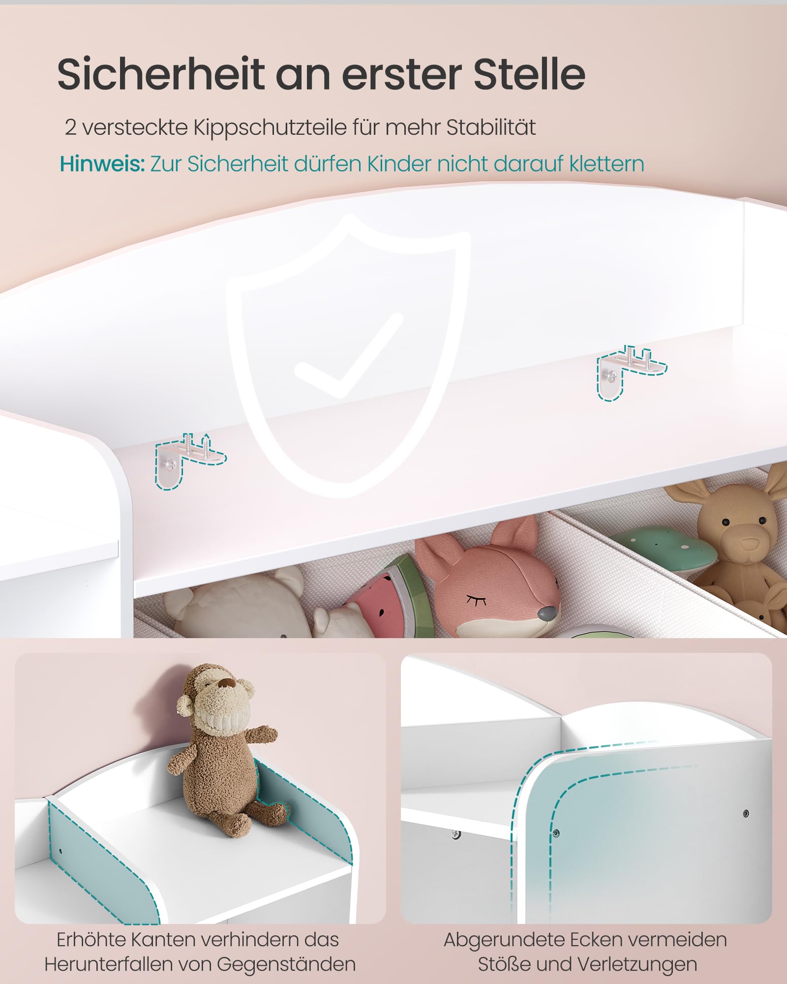 SONGMICS Kinderregal, Spielzeug Aufbewahrung, Spielzeugregal, Montessori Regal, 4 offene Fächer, 9 mittlere und 2 seitliche Boxen, für Kinderzimmer, 30 x 143,8 x 104 cm, wolkenweiß GKR062WB01