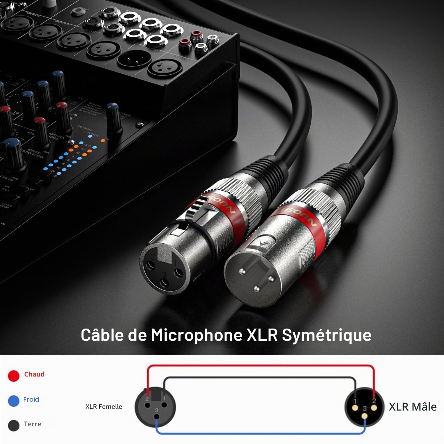 Lot de 2 câbles XLR de 5 m - Câble d'extension audio symétrique - Adaptateur XLR mâle vers femelle à 3 broches - Pour enregistreur de studio, microphone, mixeur, système de haut-parleurs