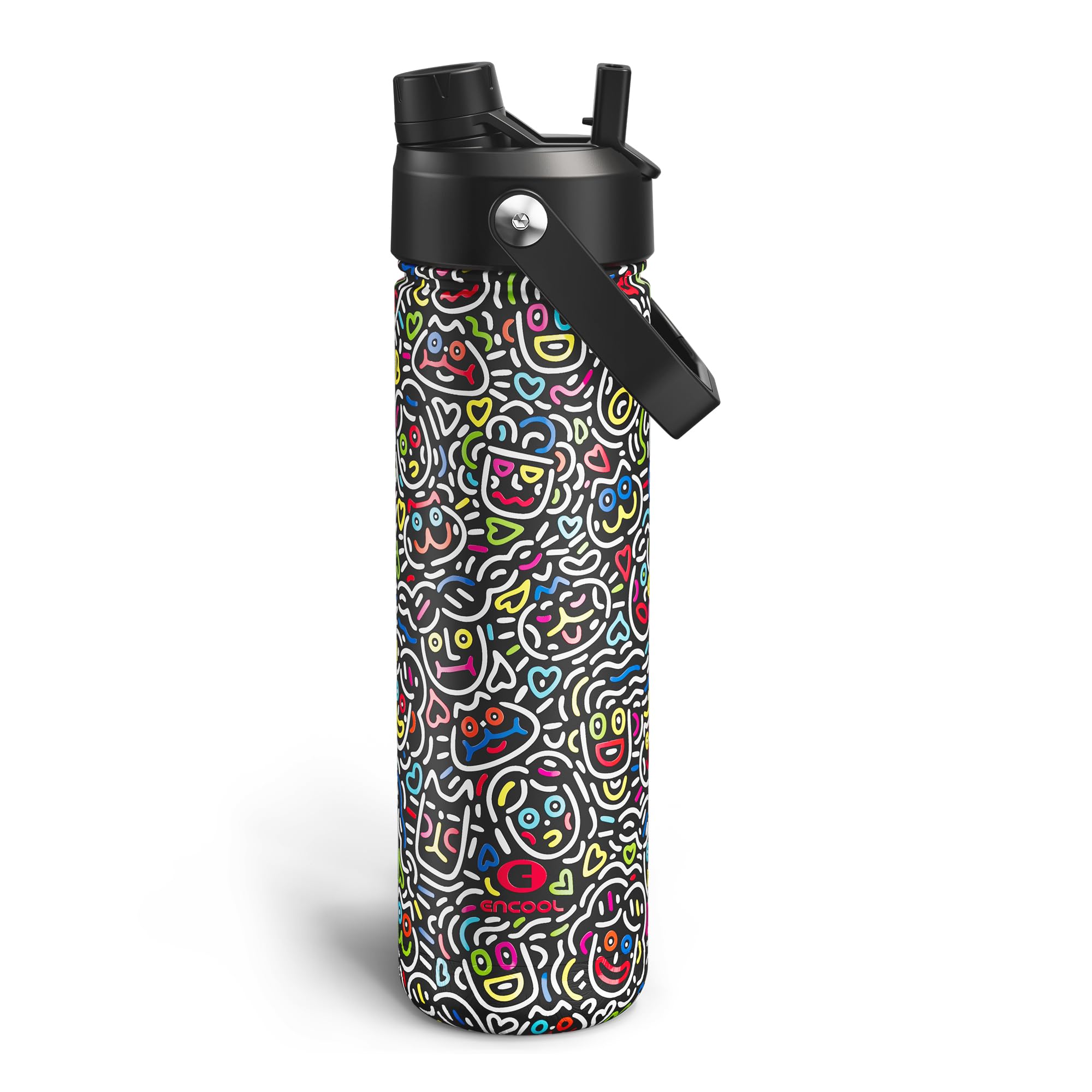 ENCOOL Insulated Water Bottle with Straw Stainless Steel Water Bottle, Leak-Proof, BPA-Free, Double Wall Vacuum Keeps Cold for 24 Hours for Sports, Travel, School (26 oz, Graffiti Faces)