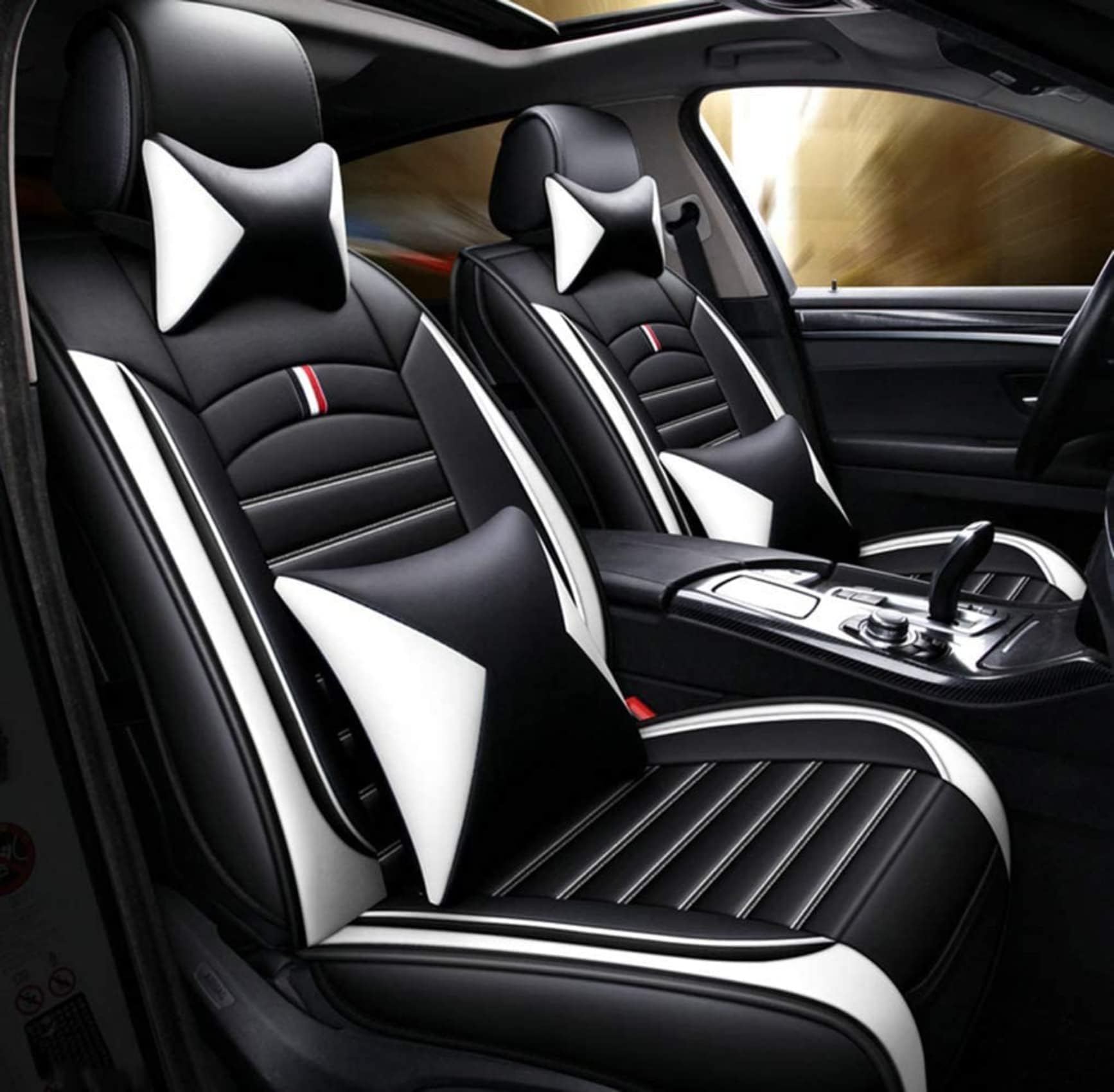 Full Set Universal Fit 5 Seats Car Waterproof Pu Leather Front Rear Car Seat Cushion Cover with Headrest Waist Support Pillows for Sedan or SUV