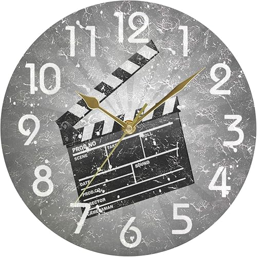 Naanle Reloj de pared redondo retro de cine, 9.5 pulgadas, funciona con pilas, reloj de escritorio analógico silencioso de cuarzo para el hogar,